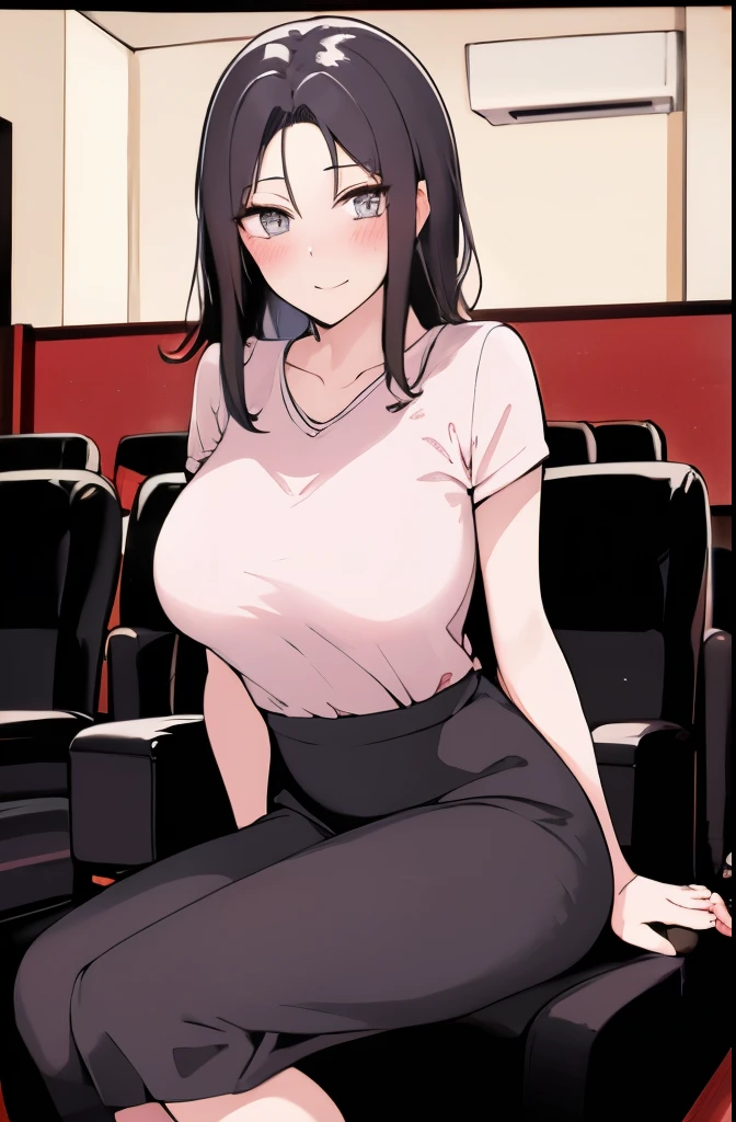 1lady sitting on theater seat, leaning back, /(knitted shirt/) /(high-waist long skirt/), mature female, /(black hair/) bangs, blush kind smile, (masterpiece best quality:1.3) delicate illustration ultra-detailed, large breasts arms down BREAK /(theater indoors/) dark room、Jin (MTSP)'s Tachibana Kyouka