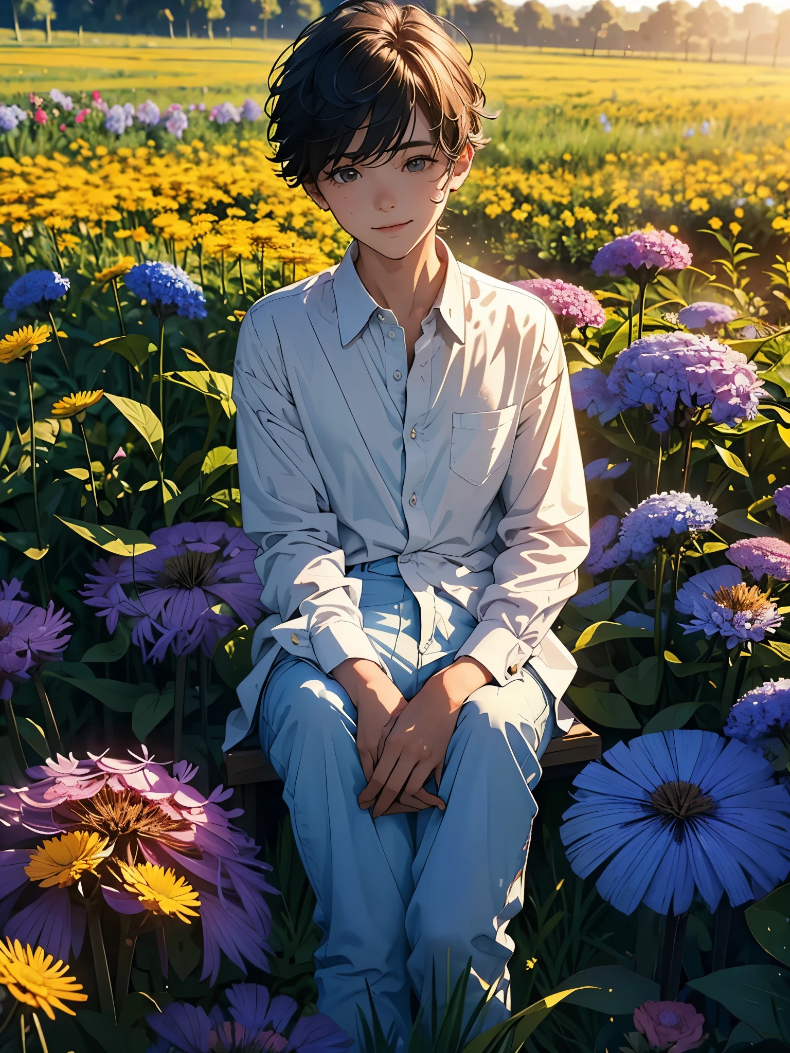 (zh-CN) farm land, morning dew, Campo de trigo alto cozido ao sol, dandelions in bloom, (1 menino), um grande rosto sorridente sob o sol brilhante, wearing light cotton clothing, camisa azul, gentil e natural.