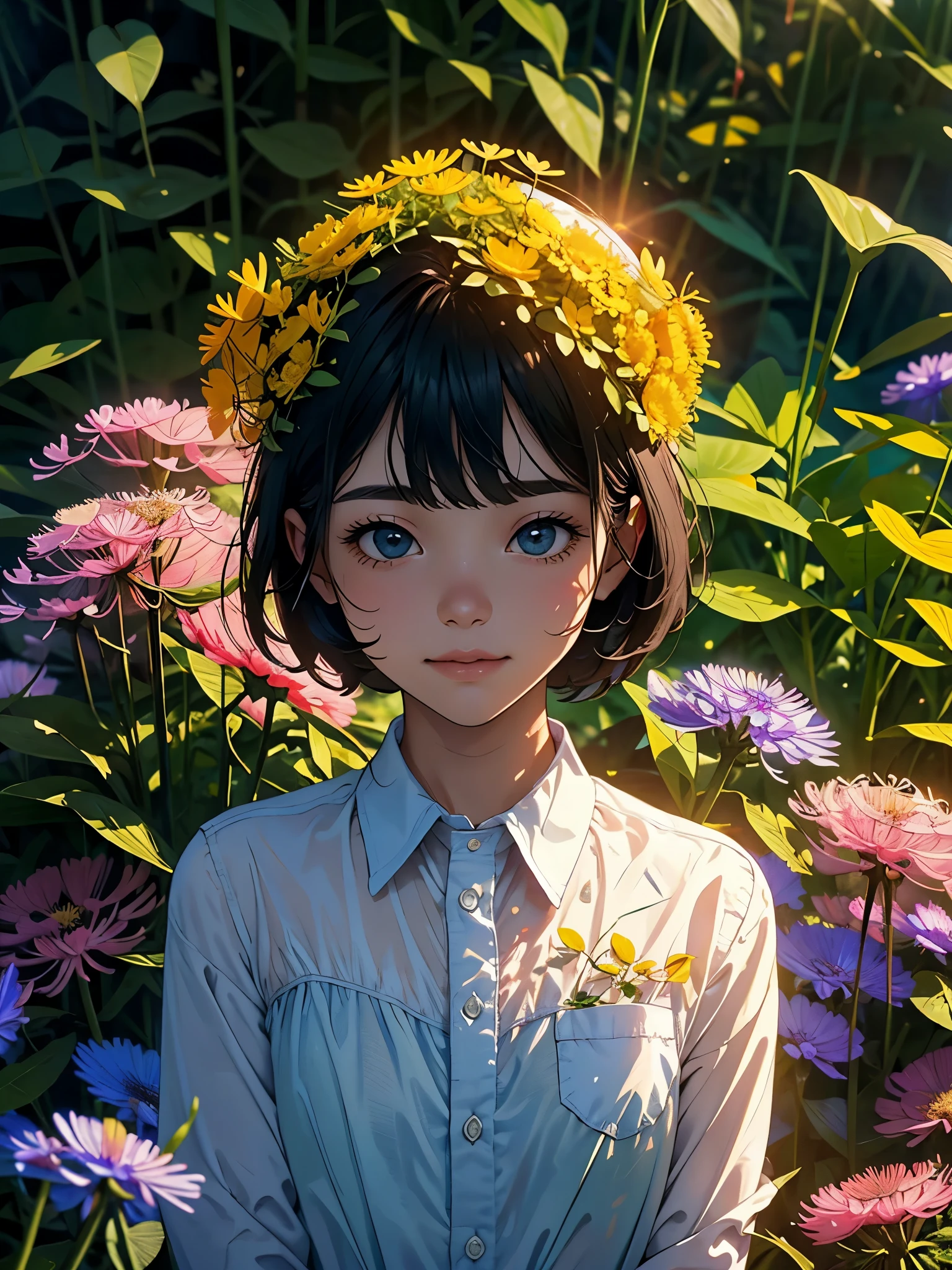 (zh-CN) farm land, morning dew, Campo de trigo alto cozido ao sol, dandelions in bloom, (1 menino), um grande rosto sorridente sob o sol brilhante, wearing light cotton clothing, camisa azul, gentil e natural.