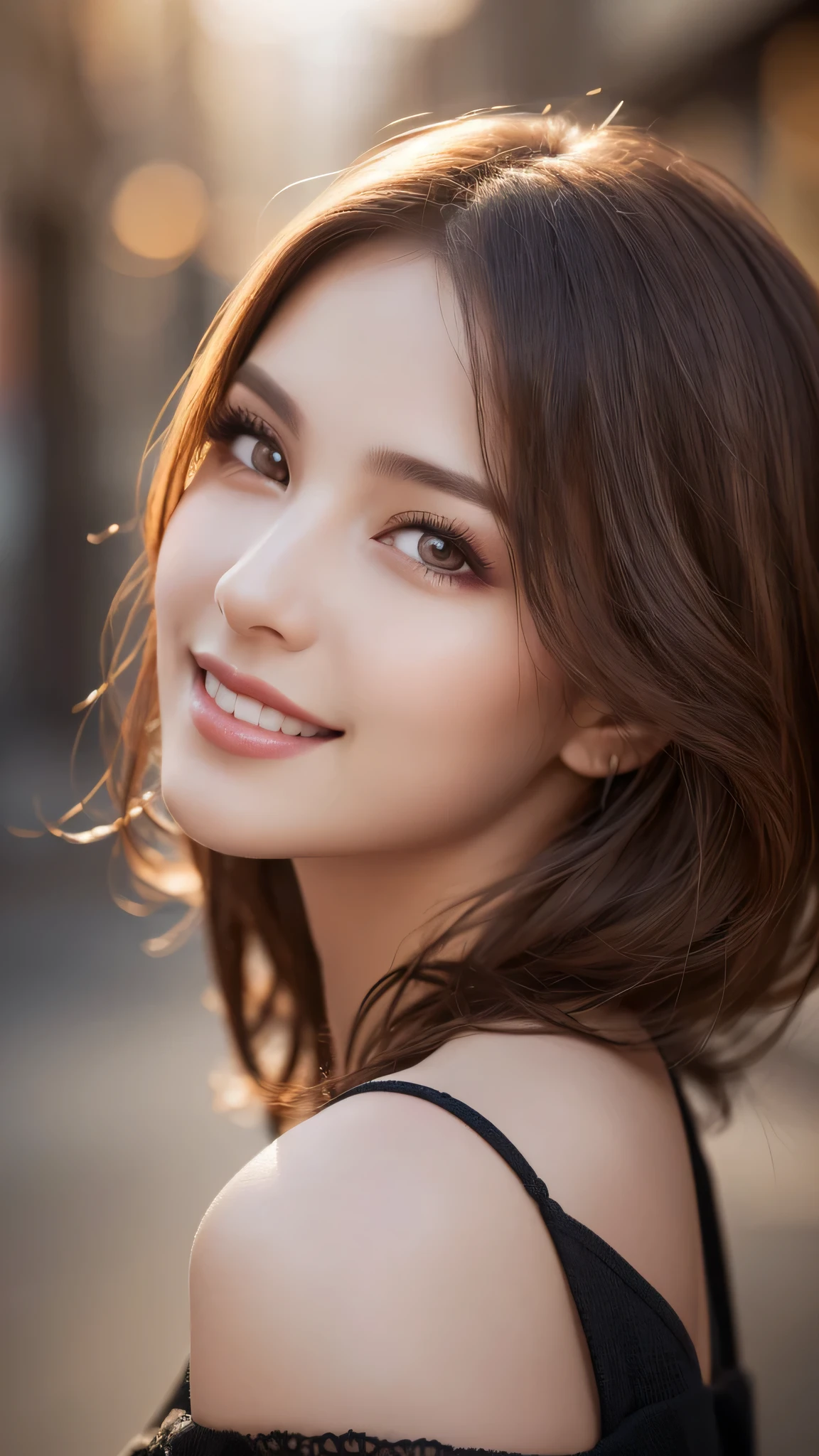 1woman, (Ultra realistic, high res), (highly detailed eyes, highly detailed hair, highly detailed face, highly detailed plump lips), (off shoulder), upper body, caute smile, (best quality:1.4), Raw photo, (realistic, photo-realistic:1.37), professional photography, cinematic light, (fine face: 1.2),