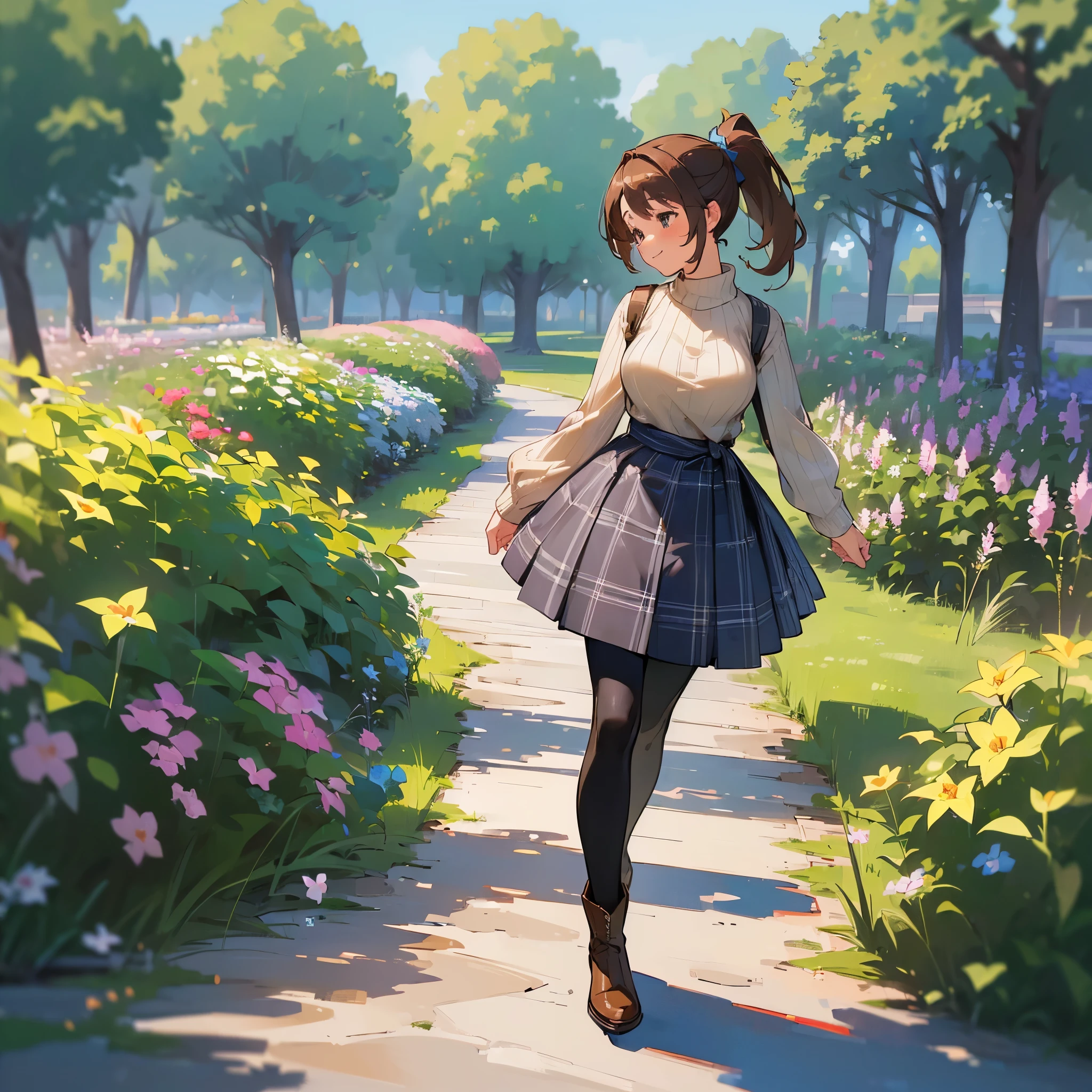 (high quality, high resolution, Super detailed, Reality:1.37), peaceful atmosphere, (outdoor, garden), Teenage girl standing alone, (My breasts are big.), Beautiful detailed features, cute smile, (Brown ponytail), ribbed sweater, blue plaid skirt, Black tights, brown boots.