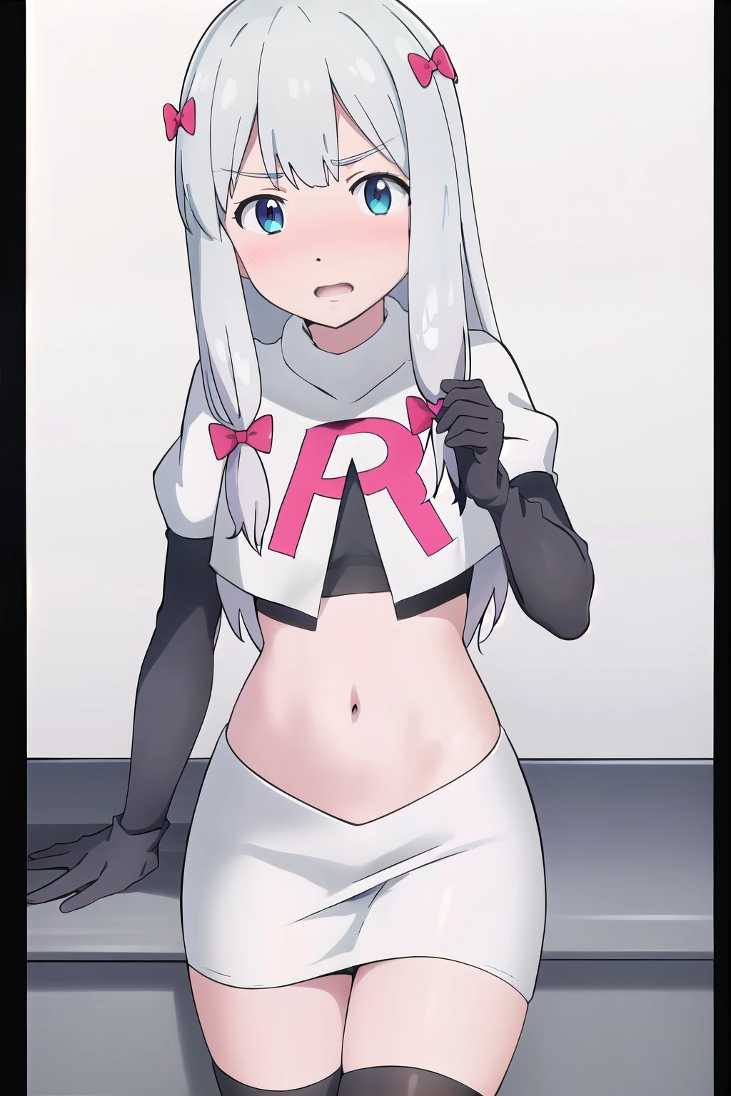 detailed,masterpiece,ultra-detailed,solo,(white background:1.3),izumi_sagiri,bow, pink_bow, long_hair,silver hair,hair_bow, nose blush, team rocket,team rocket uniform,white skirt,red letter R,crop top,black thigh-highs,black elbow gloves