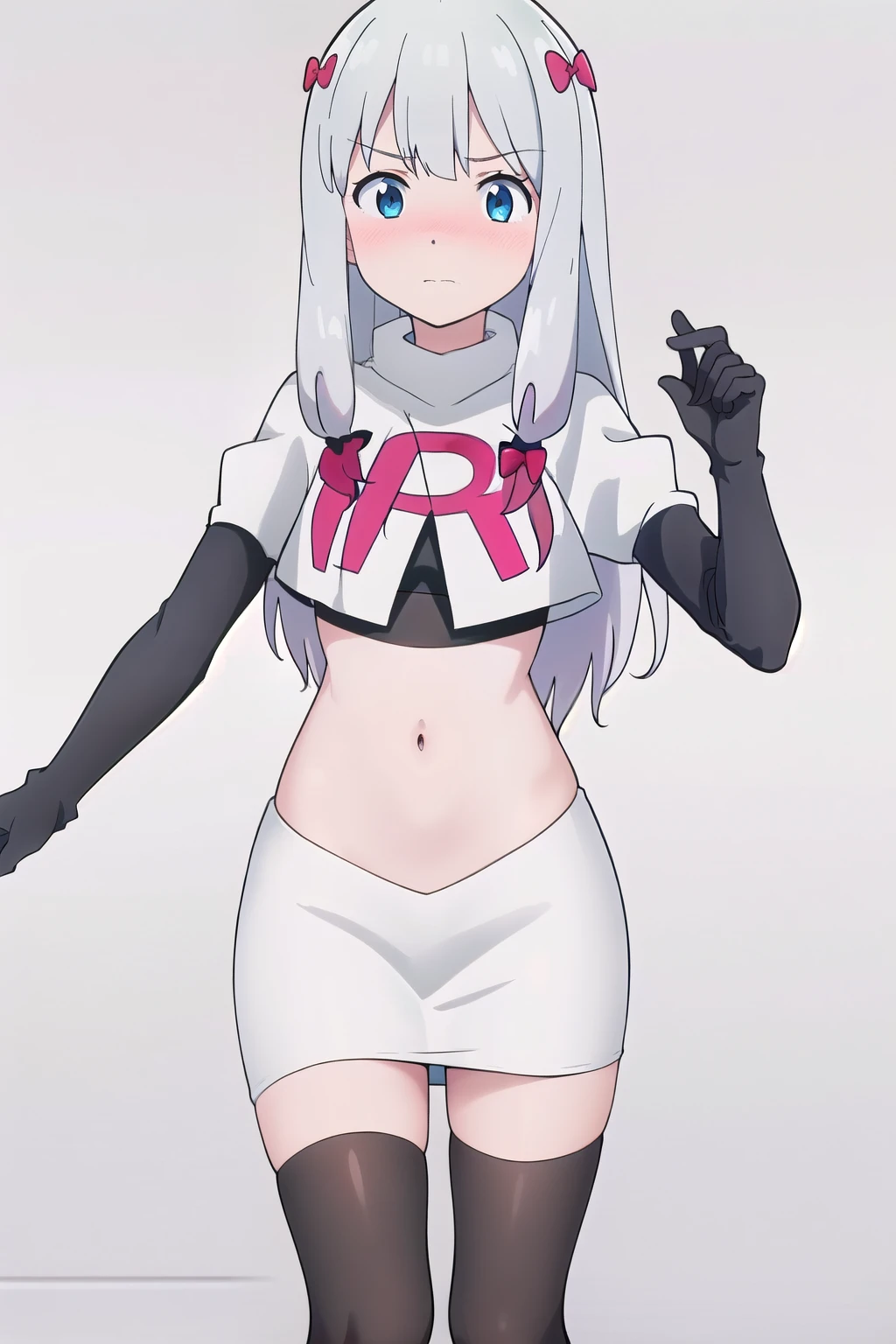 detailed,masterpiece,ultra-detailed,solo,(white background:1.3),izumi_sagiri,bow, pink_bow, long_hair,silver hair,hair_bow,  nose blush, team rocket,team rocket uniform,white skirt,red letter R,crop top,black thigh-highs,black elbow gloves