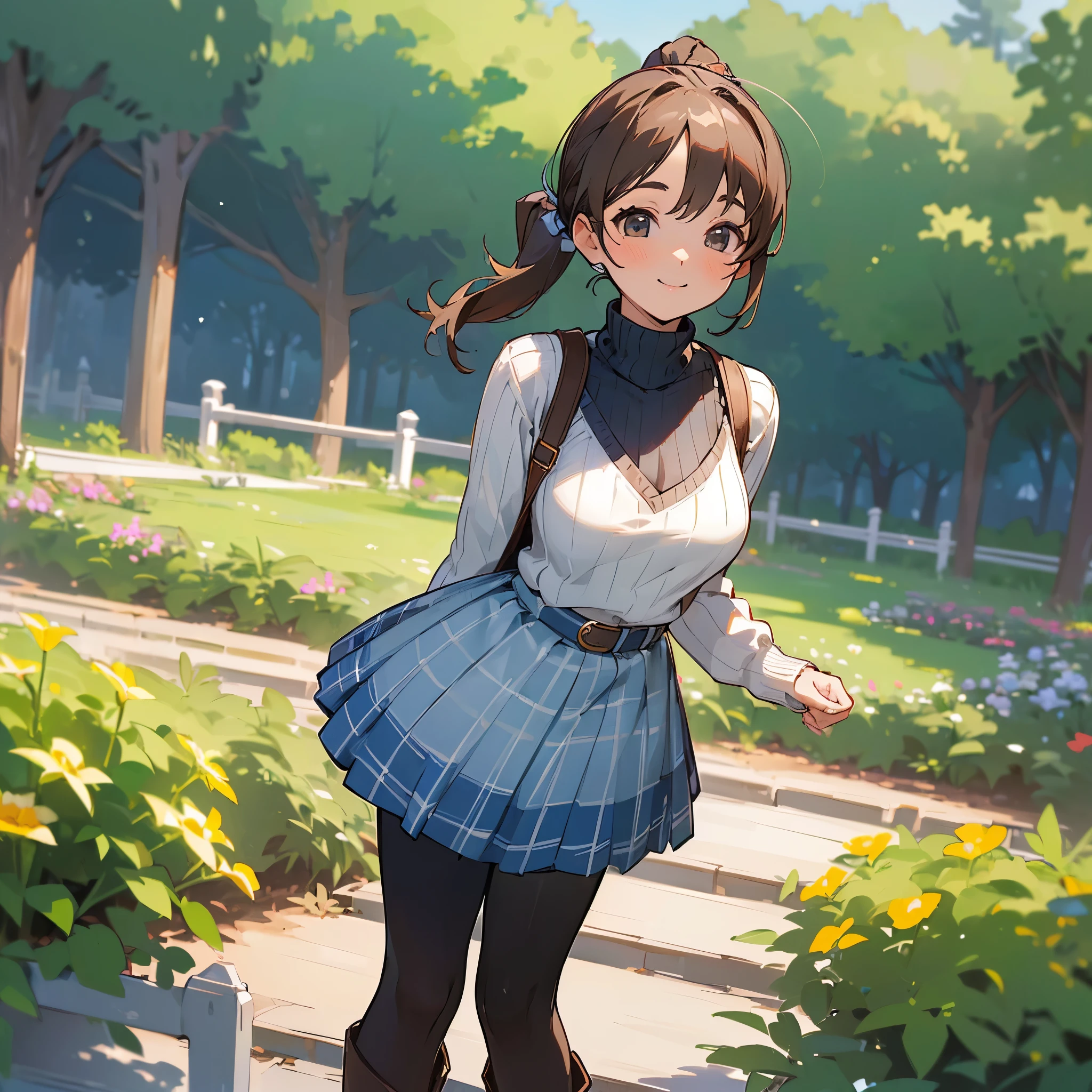 (high quality, high resolution, Super detailed, Reality:1.37), peaceful atmosphere, (outdoor, garden), Teenage girl standing alone, (My breasts are big.), Beautiful detailed features, cute smile, (Brown ponytail), ribbed sweater, blue plaid skirt, Black tights, brown boots.