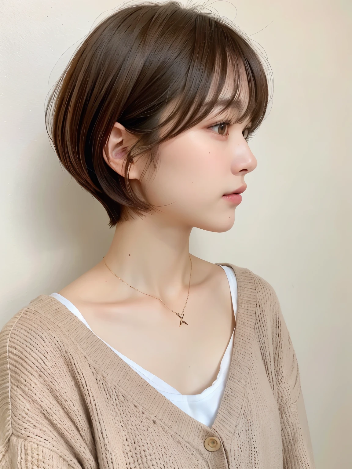 ((highest quality, 8K, masterpiece :1.3)), 1 girl, (medium short hair :1.2), cardigan :1.1, super detailed face, fine eyes,(Highly realistic photos, High resolution, detailed face, fine eyes), Taken in front of a white wall、japanese woman, 35 years old, Variety of facial expressions, alone:1, slim figure, different hairstyles, casual clothes, Alone in a photo、long sleeve dress、Shot in natural light、simple necklace、Spring clothes、Don't look at the camera、profile、Dark brown hair color