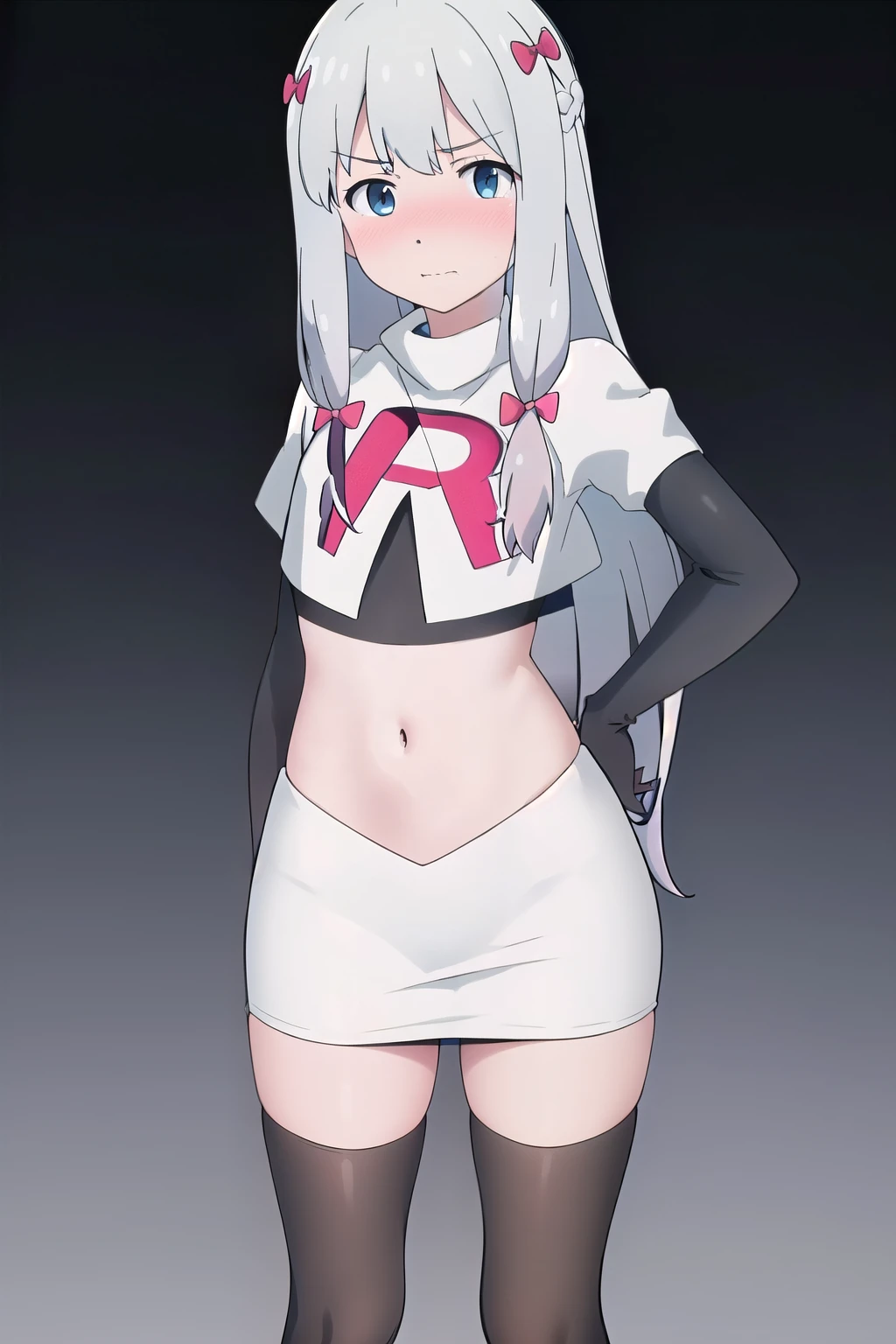 detailed,masterpiece,ultra-detailed,solo,(white background:1.3),izumi_sagiri,bow, pink_bow, long_hair,silver hair,hair_bow,  nose blush, team rocket,team rocket uniform,white skirt,red letter R,crop top,black thigh-highs,black elbow gloves