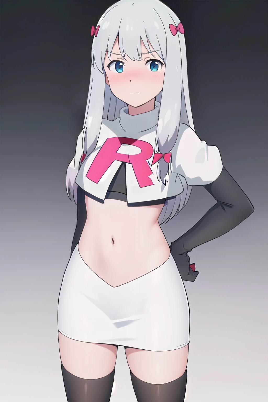 detailed,masterpiece,ultra-detailed,solo,(white background:1.3),izumi_sagiri,bow, pink_bow, long_hair,silver hair,hair_bow,  nose blush, team rocket,team rocket uniform,white skirt,red letter R,crop top,black thigh-highs,black elbow gloves