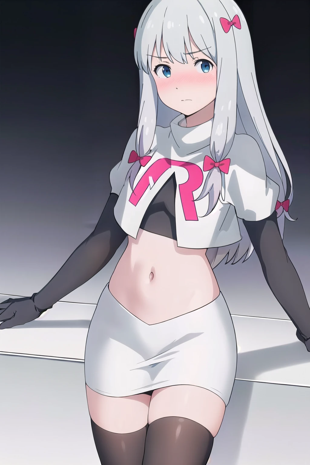 detailed,masterpiece,ultra-detailed,solo,(white background:1.3),izumi_sagiri,bow, pink_bow, long_hair,silver hair,hair_bow, nose blush, team rocket,team rocket uniform,white skirt,red letter R,crop top,black thigh-highs,black elbow gloves