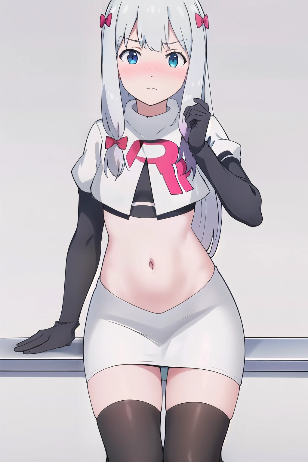 detailed,masterpiece,ultra-detailed,solo,(white background:1.3),izumi_sagiri,bow, pink_bow, long_hair,silver hair,hair_bow, nose blush, team rocket,team rocket uniform,white skirt,red letter R,crop top,black thigh-highs,black elbow gloves