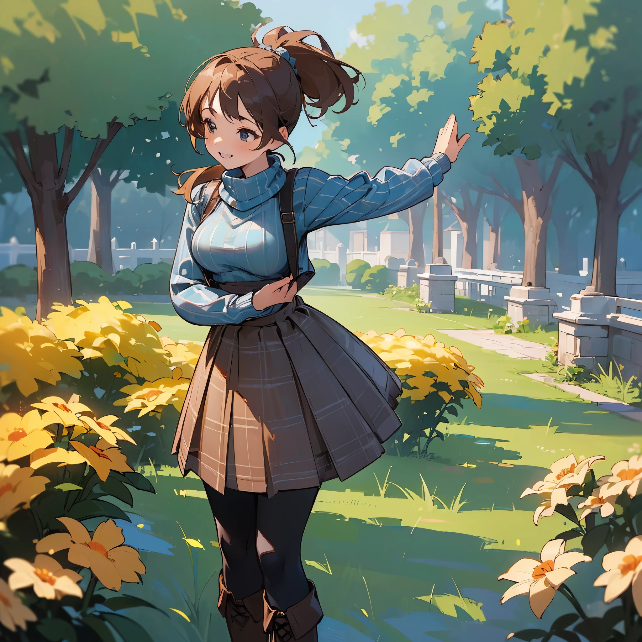 (high quality, high resolution, Super detailed, Reality:1.37), peaceful atmosphere, (outdoor, garden),  girl standing alone, (My breasts are big.), Beautiful detailed features, cute smile, (Brown ponytail), ribbed sweater, blue plaid skirt, Black tights, brown boots.