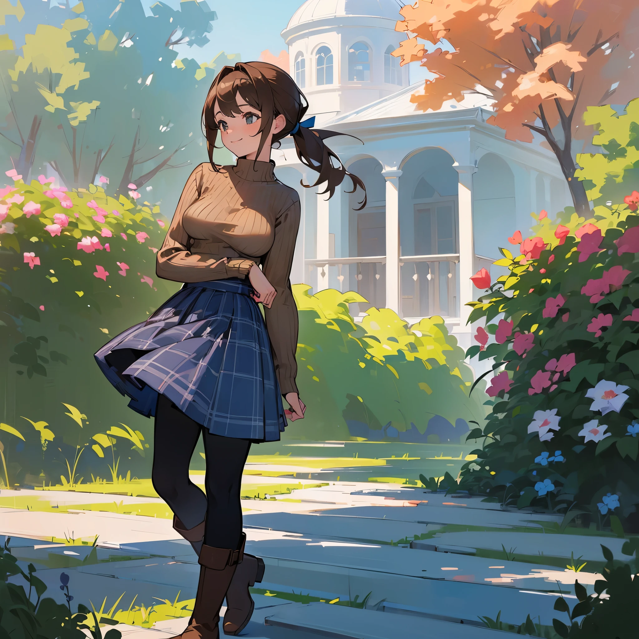 (high quality, high resolution, Super detailed, Reality:1.37), peaceful atmosphere, (outdoor, garden),  girl standing alone, (My breasts are big.), Beautiful detailed features, cute smile, (Brown ponytail), ribbed sweater, blue plaid skirt, Black tights, brown boots.