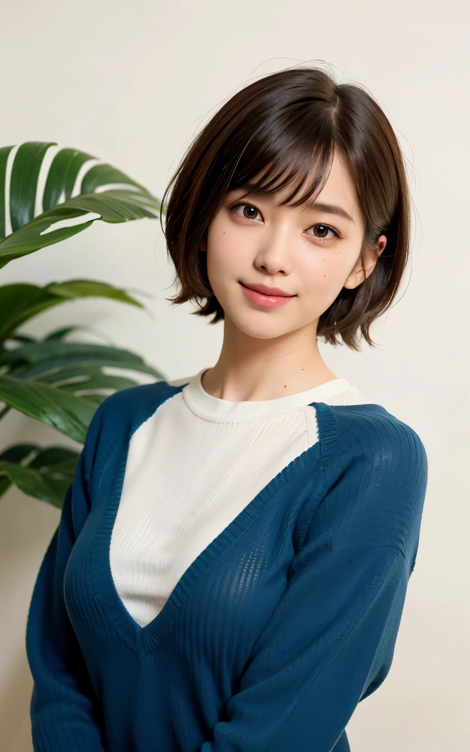 Masterpiece, Top Quality, 8K, 22 me, RAW photo, smiling, alone, medium breast, cute, girly, goddess, idol face, delicate girl, innocent beauty, upper body, DSLR, front view, candid, sophisticated, professional lighting, film grain, (Eye & Face Detail: 1.0), short hair shaggy cut, bangs, medium-thick ribbed sweater, round-neck raglan sleeves, white background, (Bokeh details:1.1)