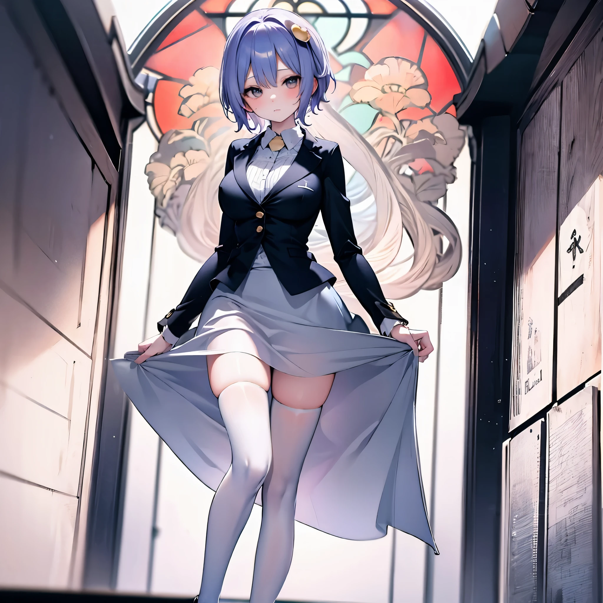 Satori toho character, (solo), (standing), (stained glass), BREAK, short hair, (huge perky breasts), bursting breasts, (inconceivably thin waist), very long legs, BREAK, (black blazer:1.2), (black thighhighs:1.2), (very short black miniskirt:1.2), highheels, military, BREAK, nose blush, BREAK, masterpiece, ultra-detailed
