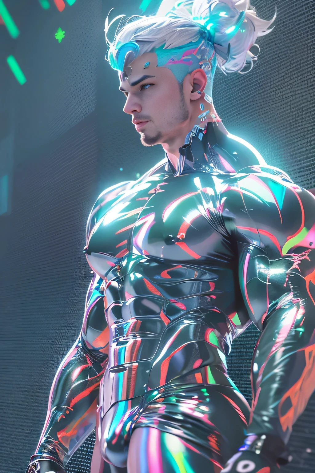 (mid_shot:1.3),(1 male:1.2),(muscle man:1.1),(frontal illumination:1.2),with a silver body and glitters with lights above,extreme iridescent reflection,in the style of vray tracing,vibrantmanga,shiny/ glossy,rococo pastel,fluid form,tinycore,fluid impressions,vray,machine aesthetics,yanjun cheng,silver,shiny eyes,fluidform.,the young warrior,male characteristics,