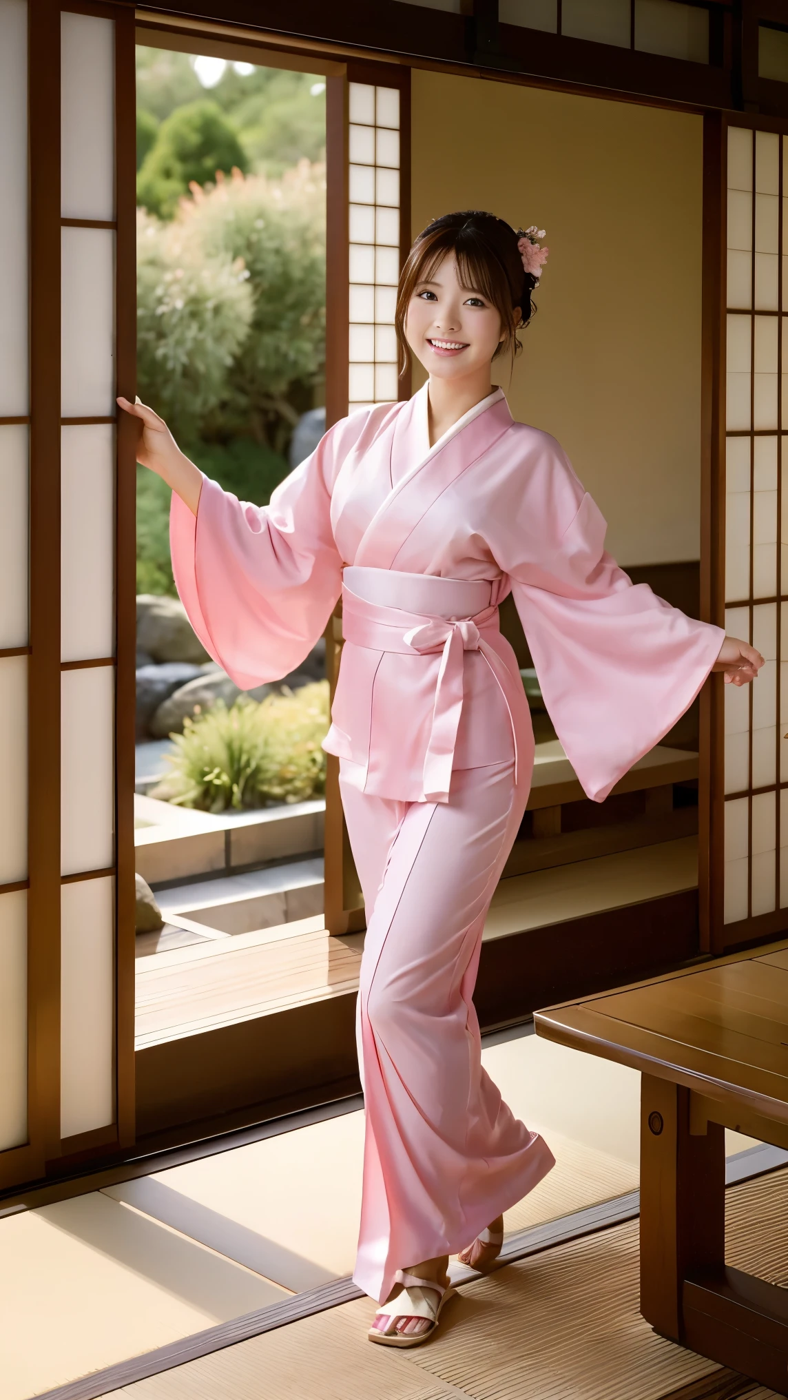 table top, highest quality, High resolution, One beautiful woman wearing a pink kimono,full body image,smile (A Japanese-style room overlooking the Japanese garden from the open sliding door),full body image,Very good image,