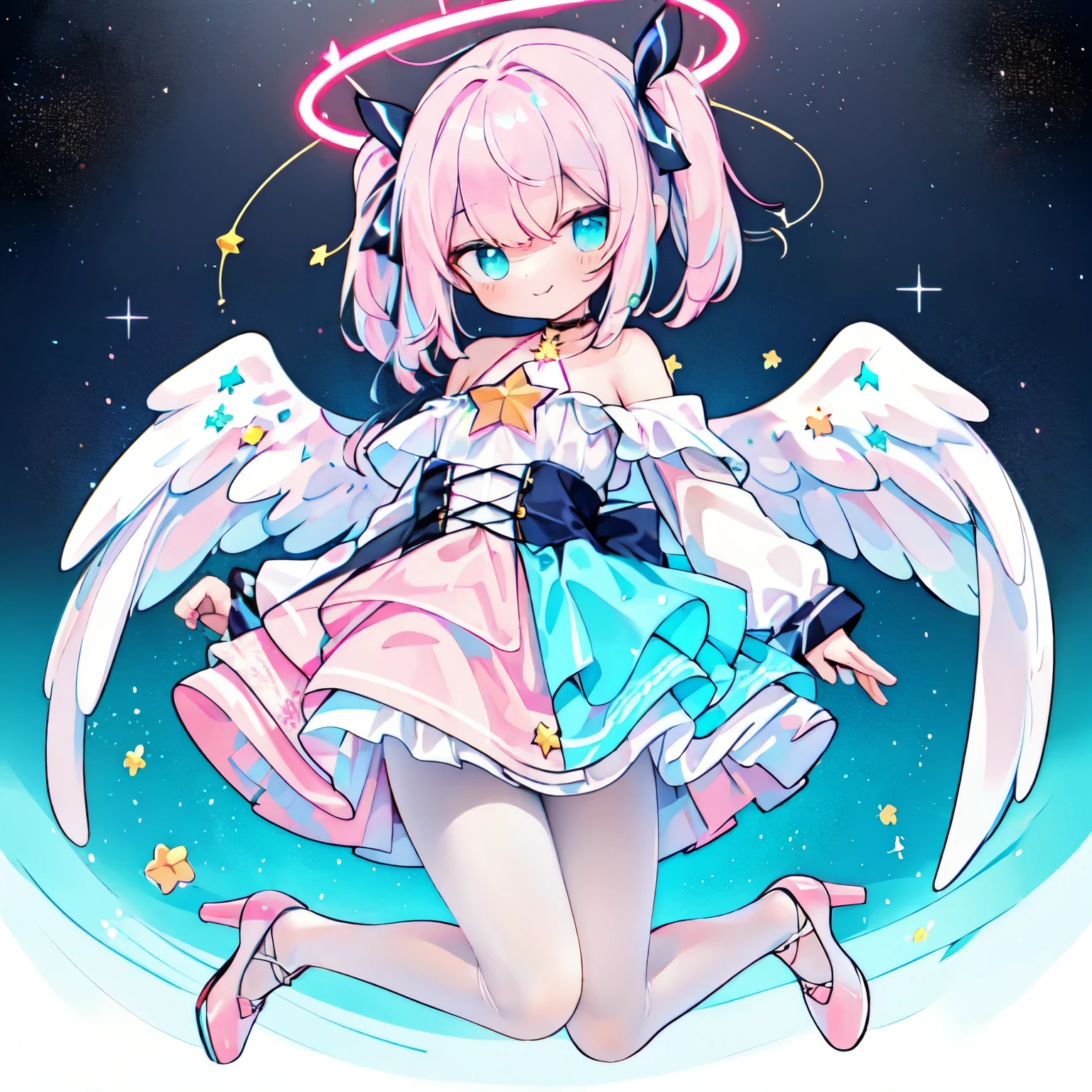 ,playing mobile game々), sexy innocent angel girl, pink heart shaped choker, (masterpiece, highest quality), official art, beautiful and aesthetic: 1.2), (1 girl), very detailed, (geometry art: 1.3), pink colorful、silver pink long bun hair、bunny ear、 whole body, angel wings, lolita