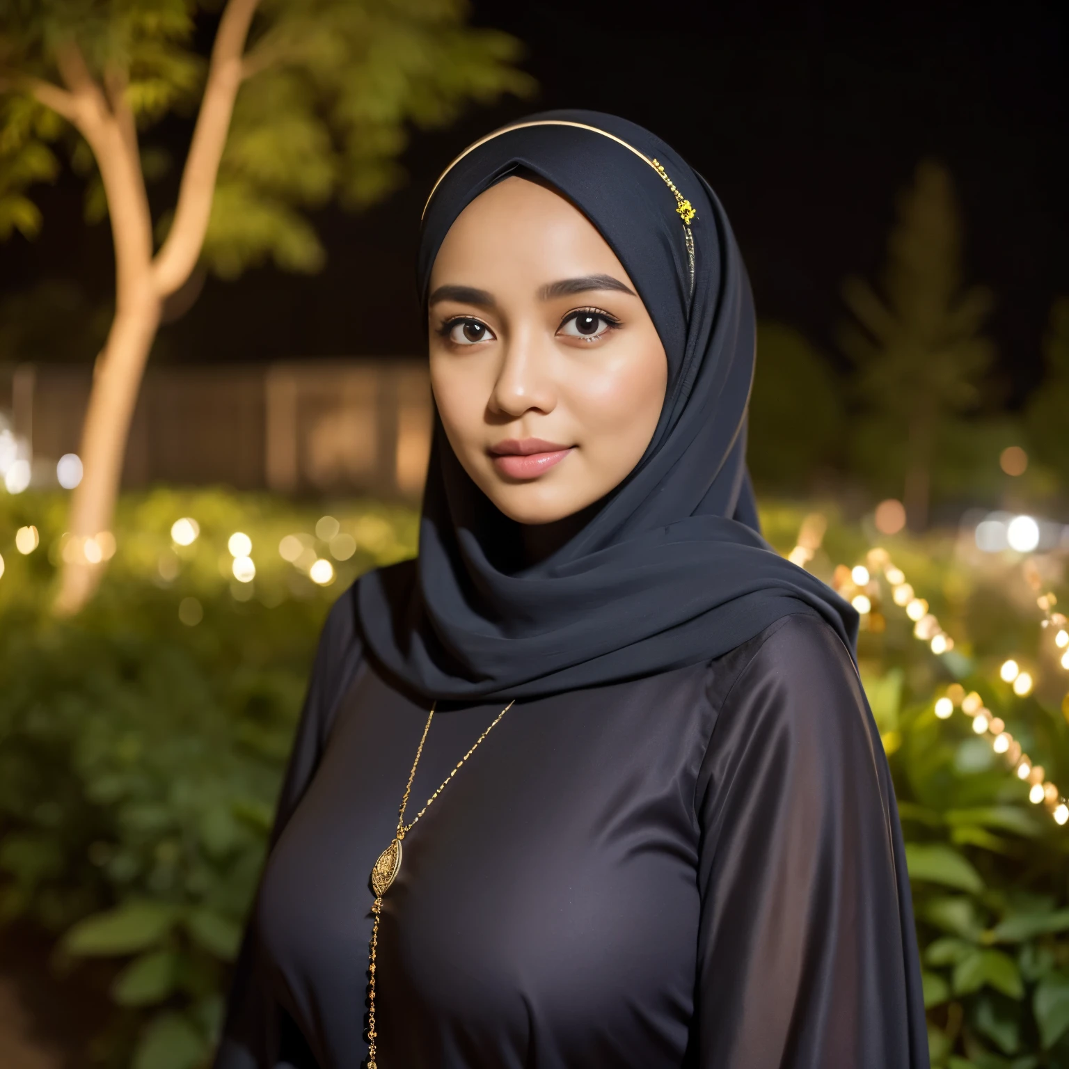 34 Years old, Indonesian MILF, wearing Wide Hijab, perfect curvy body, natural Huge breast : 42.9, gorgeous eyes, Soft smile, Gamis, necklace, hairband, Nightime walk, City garden, Excellent lighting, Dark colors, Clean lines, 64MP, Canon EOS 250D, 300dpi F2.