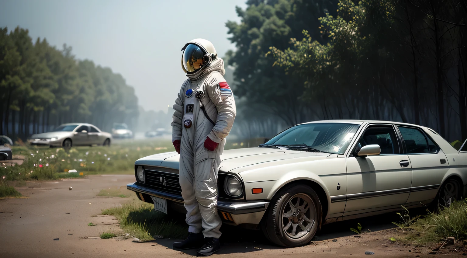 an image from a distant future, an astronaut looking at a broken car, a world covered in weeds, a destroyed world,