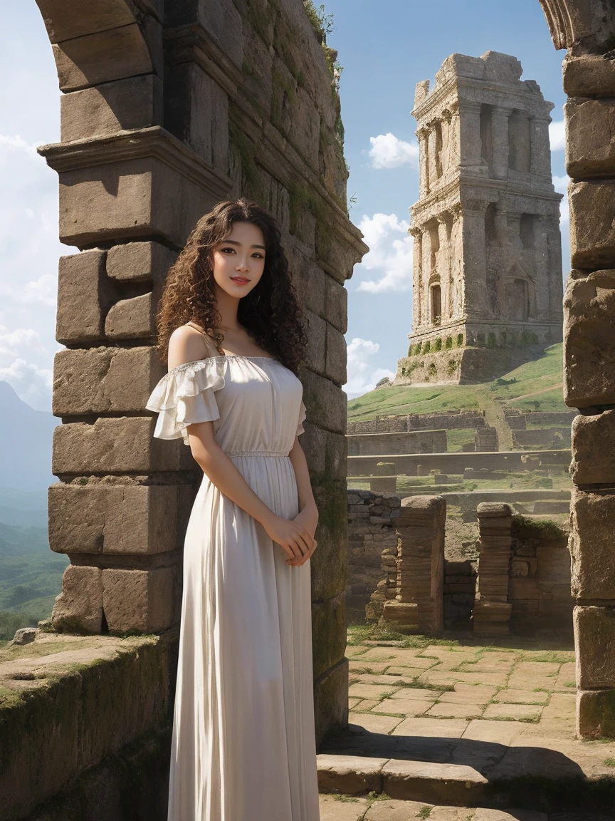 highest quality、masterpiece、ultra high resolution、(realistic:1.4)、Beautiful woman、Take a full body photo、beautiful eyes and skin details、smile、curly hair、ancient ruins、shining tower of babel、Clothes unlike any civilization、giant rocks、fruit