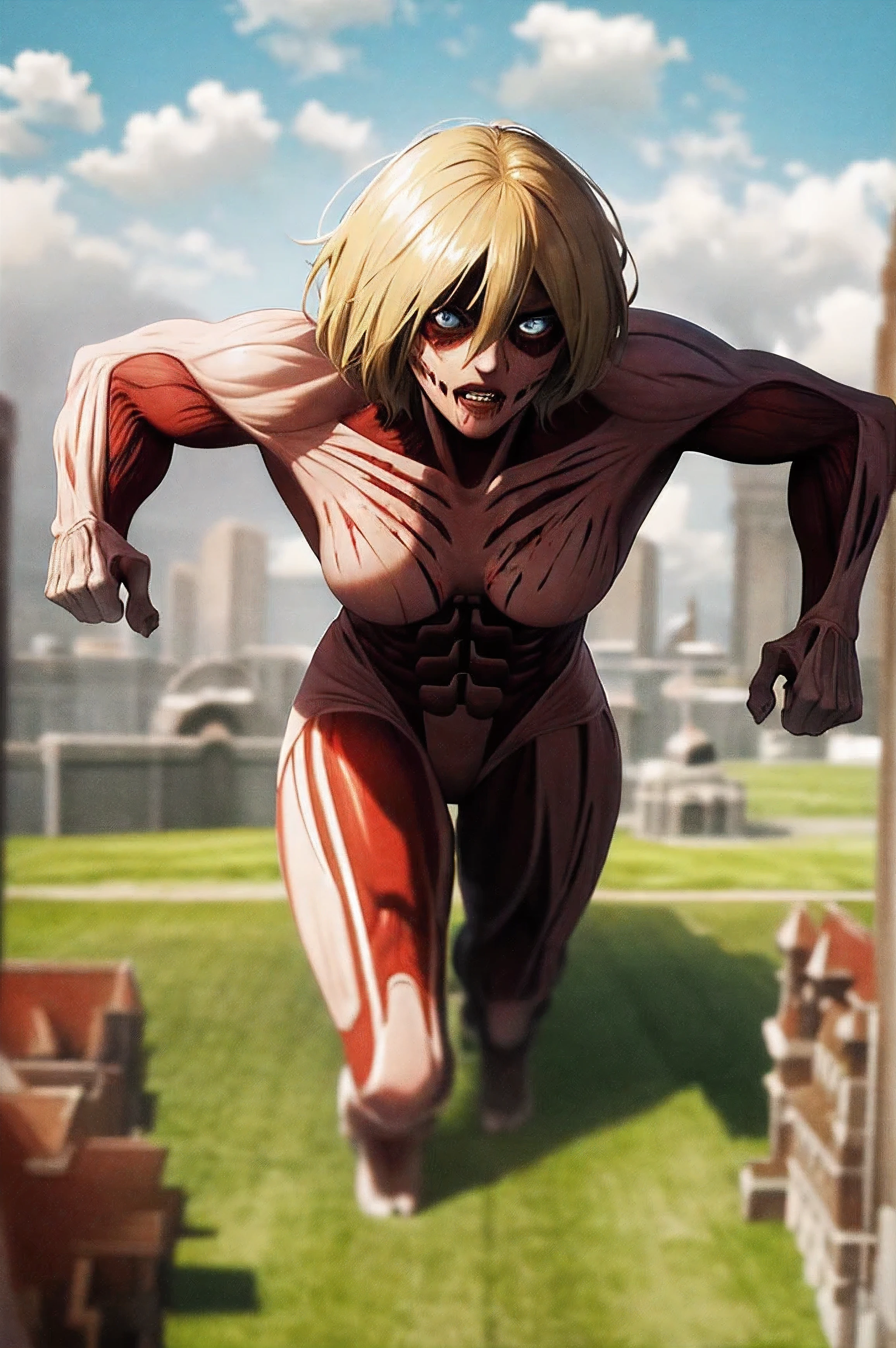 masterpiece, best quality, 1girl, female titan, blonde hair, short hair, blue eyes, teeth, scar, blood, giant, giantess, muscular, running, blue sky, cloud, view from far, meadow  