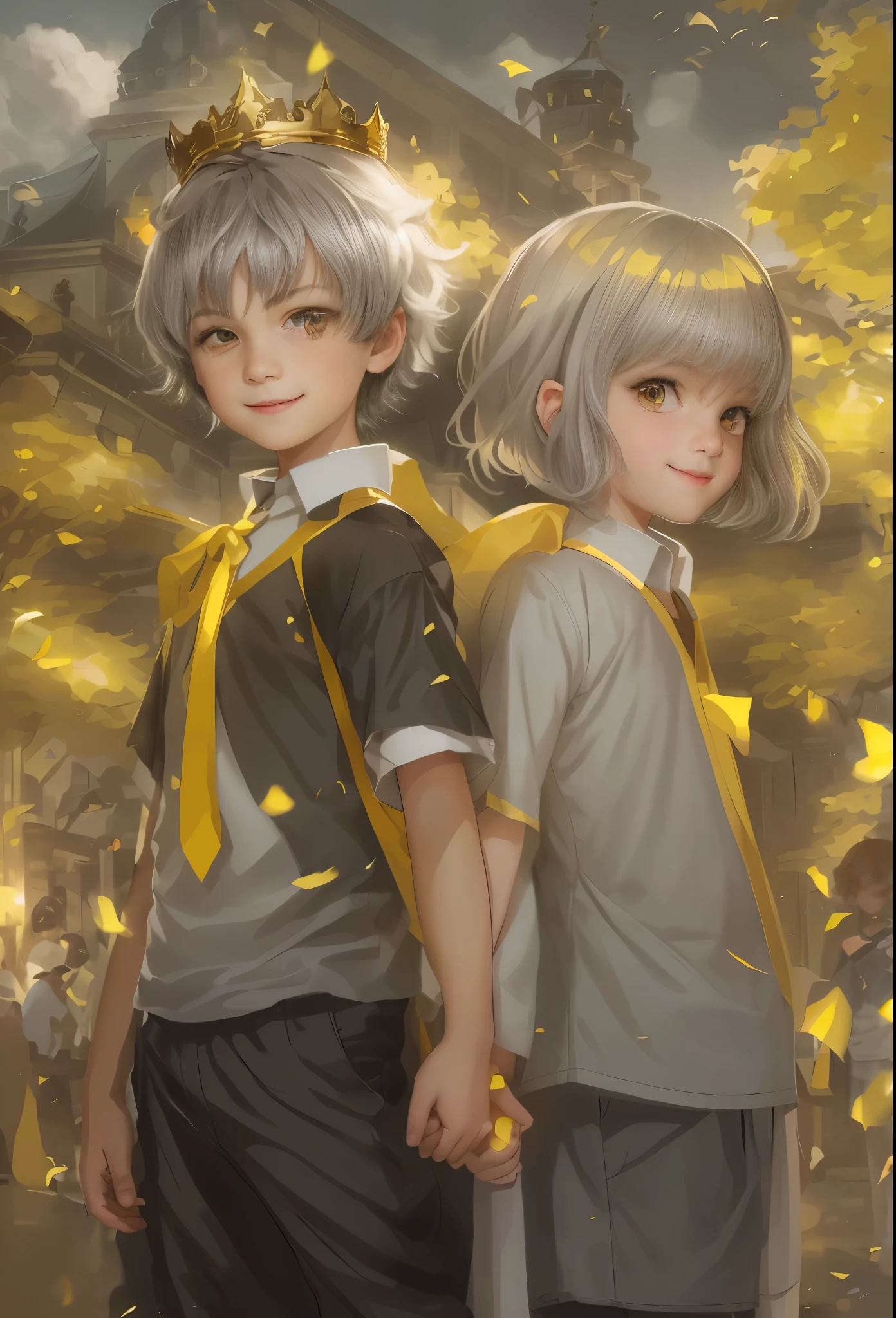 High resolution, portrait, boy and girl with dark hair, , light gray hair, short haircut, yellow eyes, smile, crown, portrait, ballroom in the background, realism, fantasy