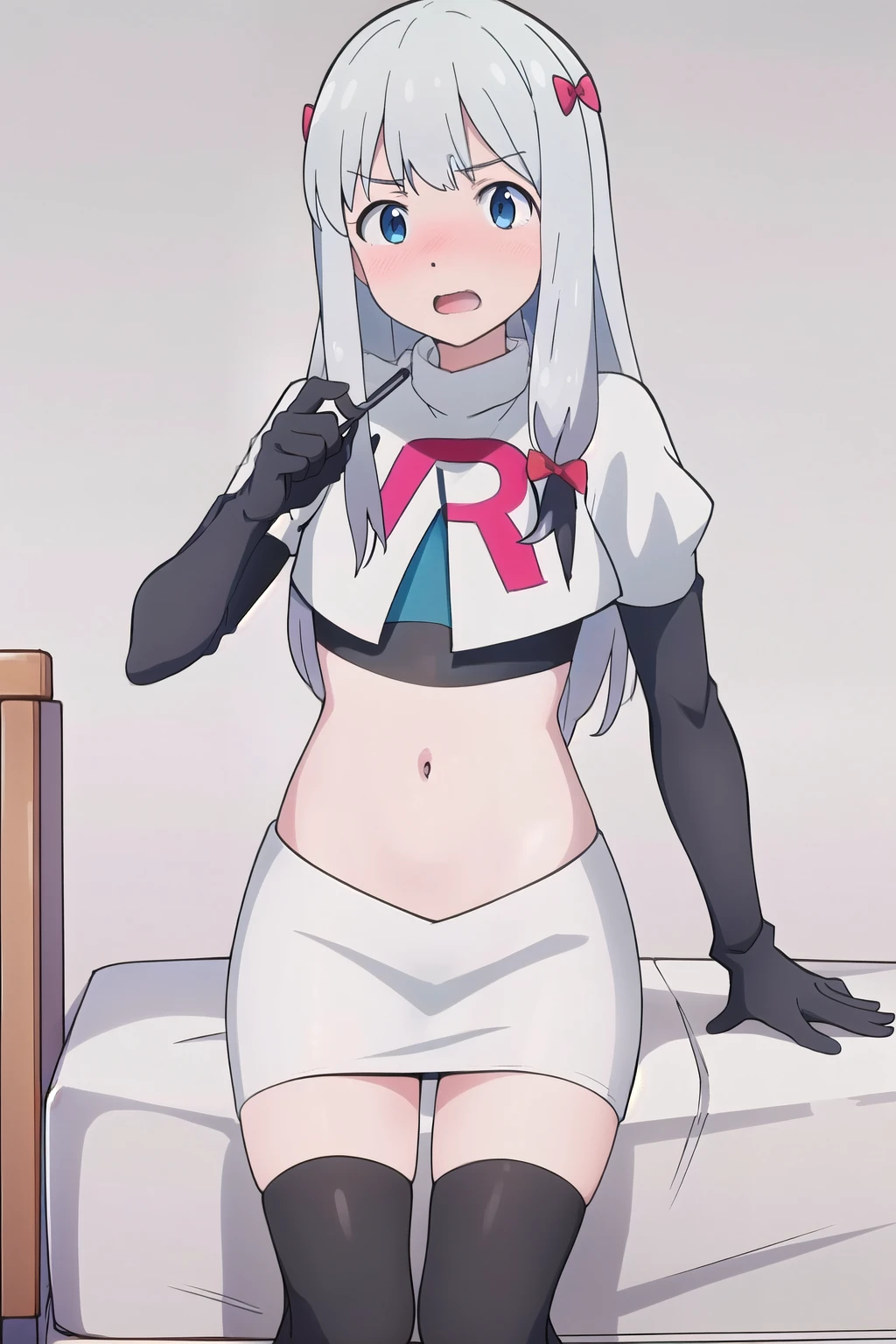 detailed,masterpiece,ultra-detailed,solo,(white background:1.3),izumi_sagiri,bow, pink_bow, long_hair,silver hair,hair_bow, nose blush, team rocket,team rocket uniform,white skirt,red letter R,crop top,black thigh-highs,black elbow gloves