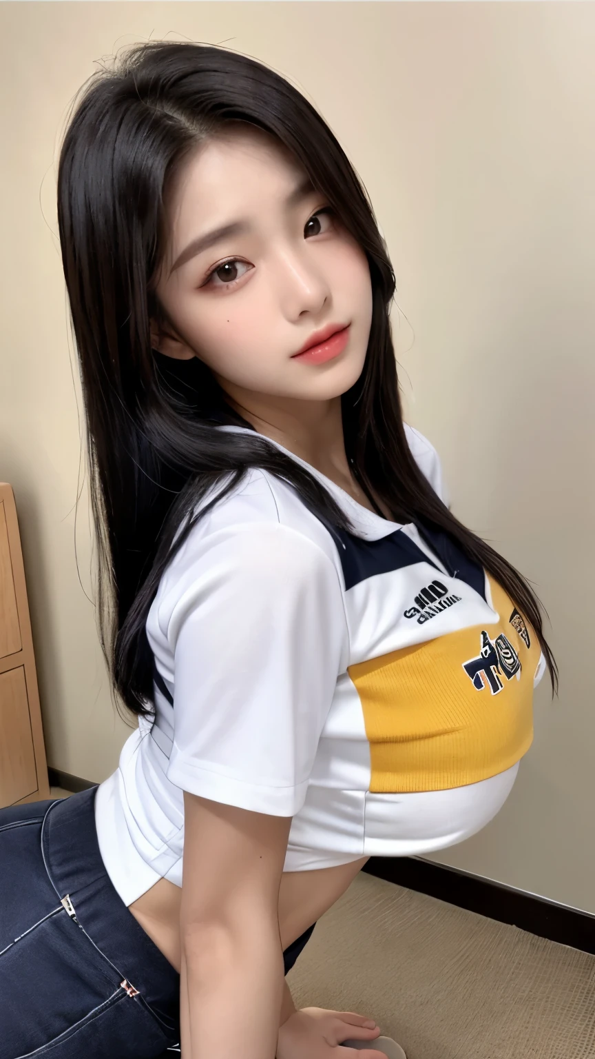 (Best Quality, 4K, Masterpiece: 1.3), Pretty Korean Woman, 1girl, Sexy: 1.1, Long Dark Black Hair: 1.1, Ultra-detailed Face, Detailed Lips, Delicate Eyes, Double Eyelids, ((Loose Mini Pants)), Big Breast, (W cup), Woman Age 20, (Loose) Volleyball Uniform Girl, Full Body, Sexy, Standing Sexy Pose Model,Tempt It Pose Model Girl,In Home