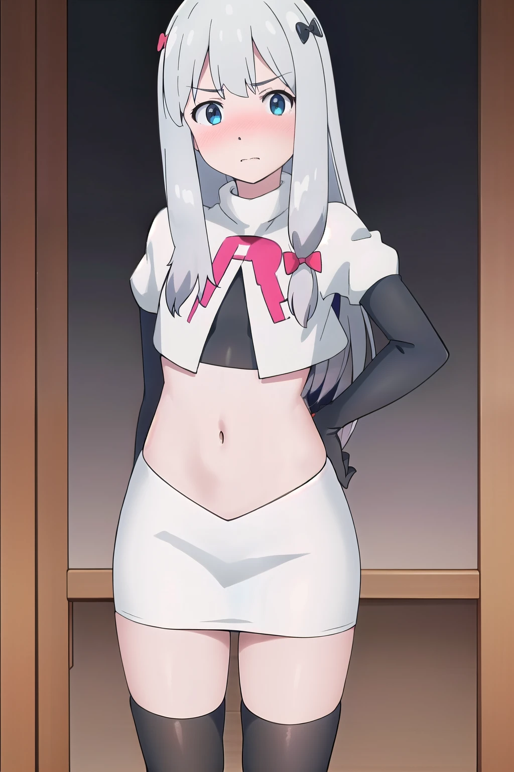 detailed,masterpiece,ultra-detailed,solo,(white background:1.3),izumi_sagiri,bow, pink_bow, long_hair,silver hair,hair_bow,  nose blush, team rocket,team rocket uniform,white skirt,red letter R,crop top,black thigh-highs,black elbow gloves