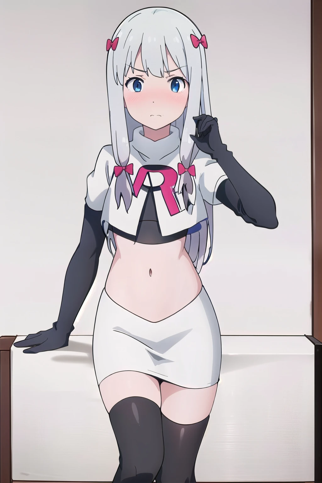 detailed,masterpiece,ultra-detailed,solo,(white background:1.3),izumi_sagiri,bow, pink_bow, long_hair,silver hair,hair_bow, nose blush, team rocket,team rocket uniform,white skirt,red letter R,crop top,black thigh-highs,black elbow gloves