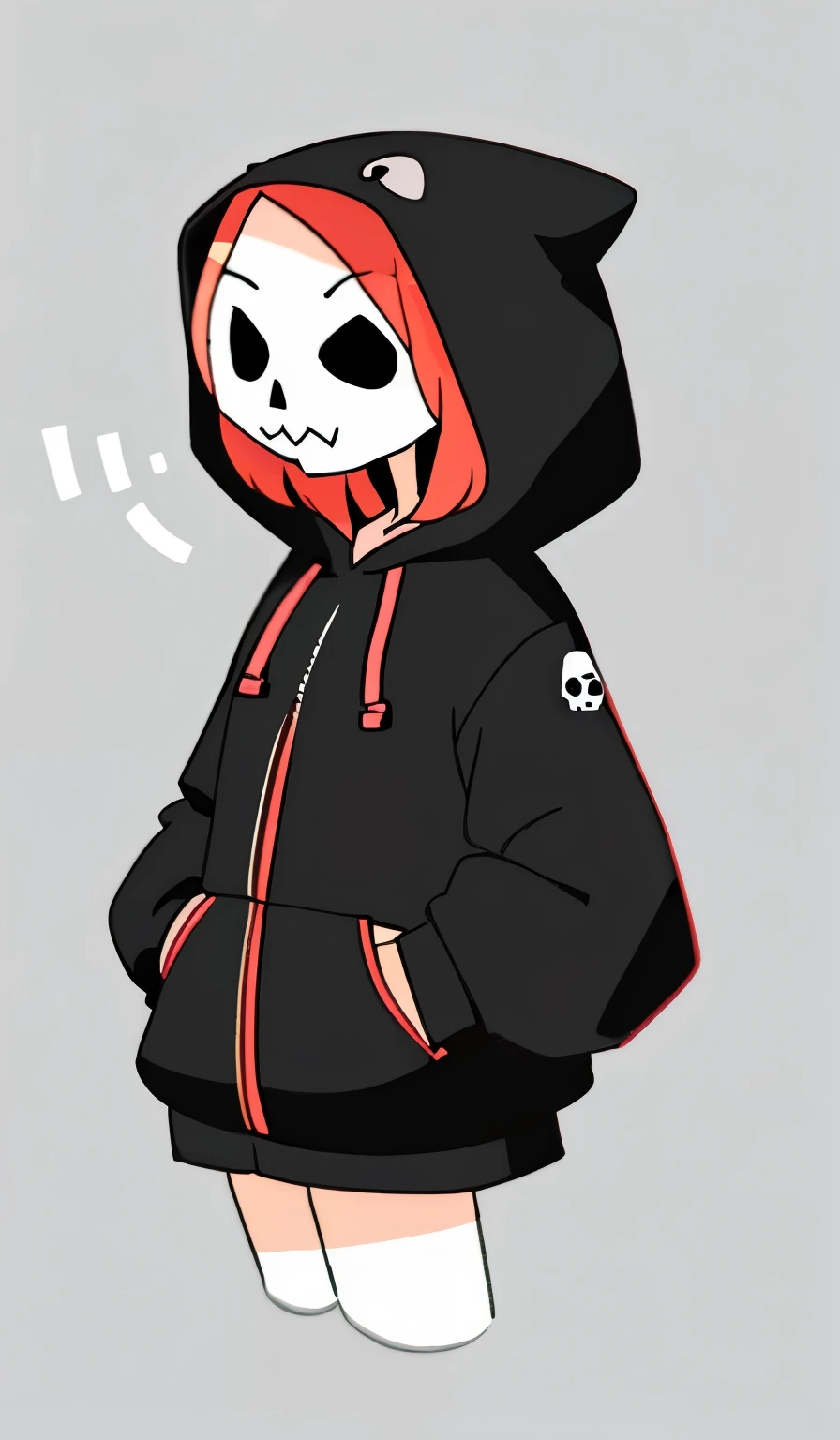 There is a woman with a skull face, she is mysterious and wears a hood 