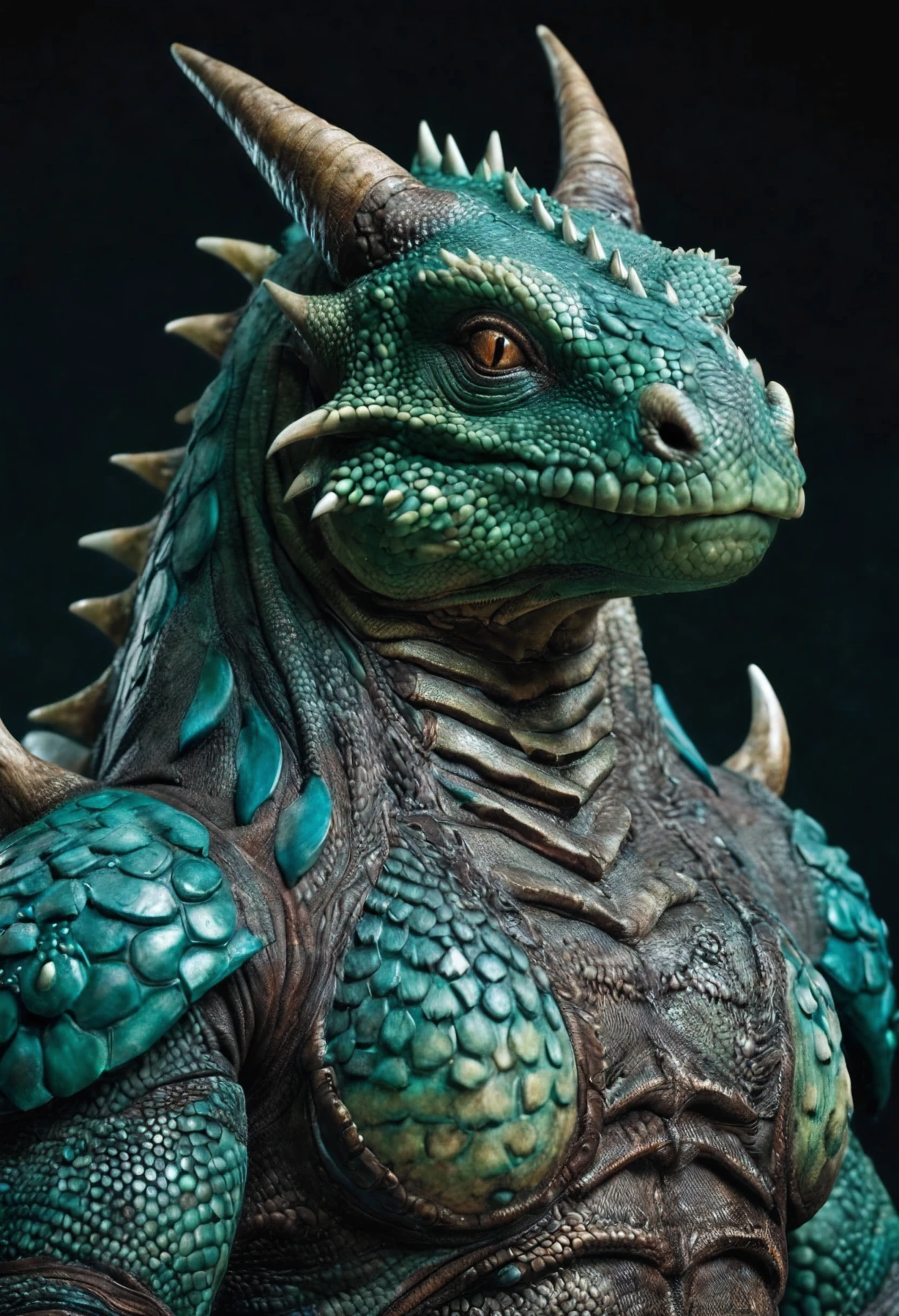 fking_scifi anthropomorphic Komodo Dragon King. Show the whole body. The skin color is blue-green. The presence of horns on the head. Armor with intricate details. Rich in scale texture. Professional studio shots. Ultra-realistic, intricate details