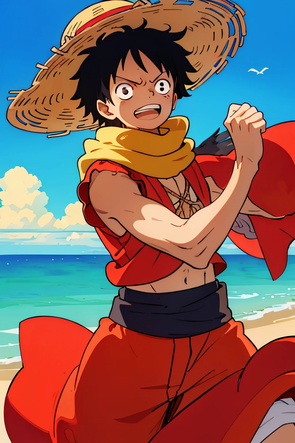 Masterpiece, best quality, 1boy, male focus, solo, Monkey D. Luffy, Straw hat pirate Luffy, (close-up: 1.2), displaying his Gum-Gum Fruit ability, gu gomu no mi, (dynamic pose: 1.1), hands forming a fist, wing-like sleeves billowing out, blue seashell scarf fluttering behind, expressive face showing determination and excitement, (landscape background: 1.3), open sea and clear blue sky, sun setting on the horizon.