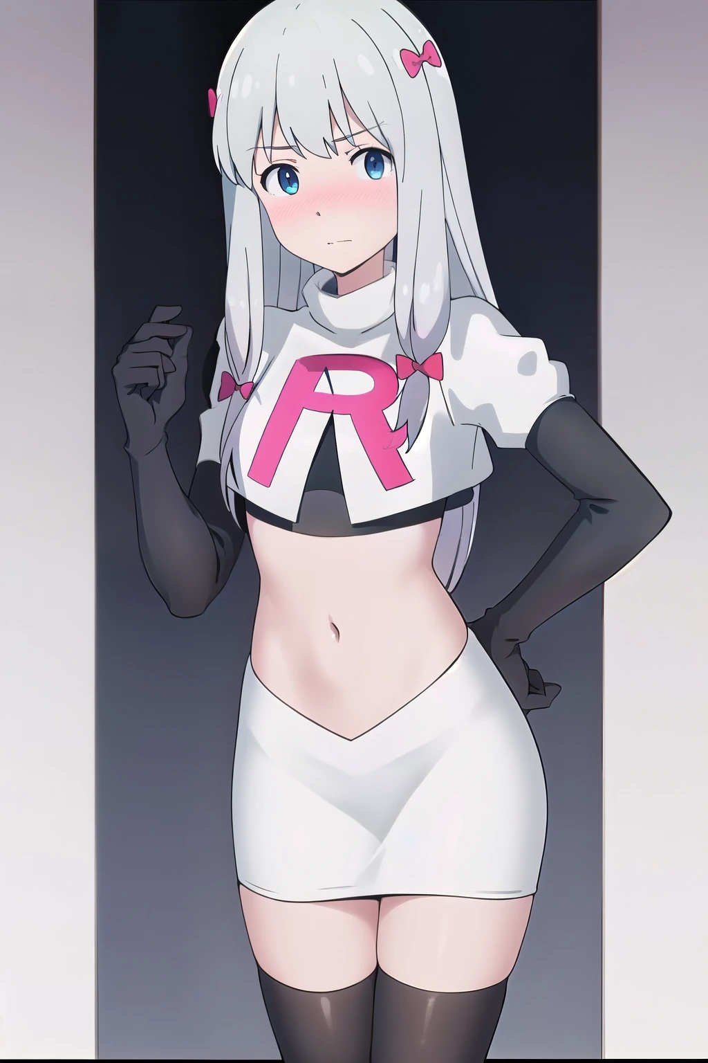 detailed,masterpiece,ultra-detailed,solo,(white background:1.3),izumi_sagiri,bow, pink_bow, long_hair,silver hair,hair_bow, nose blush, team rocket,team rocket uniform,white skirt,red letter R,crop top,black thigh-highs,black elbow gloves