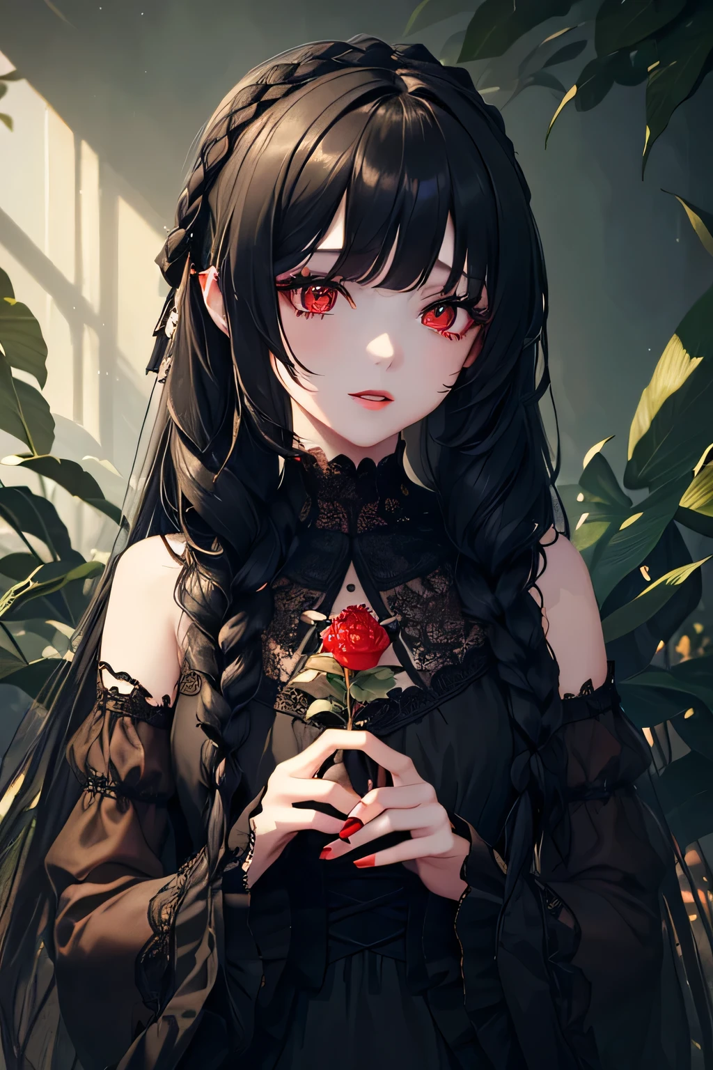 1 girl,Depp's Sense,confused,catch light,Super beautiful illustration,(plant magic,Plant manipulation),((black color,long hairstyles:1.3)),dark dark eyeshadow,(((delicate and detailed red eyes))),bright red lipstick,Gothic Lolita,;d,beautiful and delicate hair,green light effect,green aura