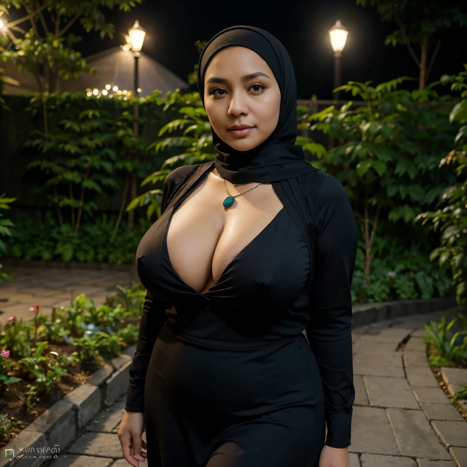 34 Years old, Indonesian MILF, wearing Wide Hijab, perfect curvy body, natural Huge breast : 42.9, gorgeous eyes, Soft smile, Gamis, necklace, hairband, Nightime walk, City garden, Excellent lighting, Dark colors, Clean lines, 64MP, Canon EOS 250D, 300dpi F2.