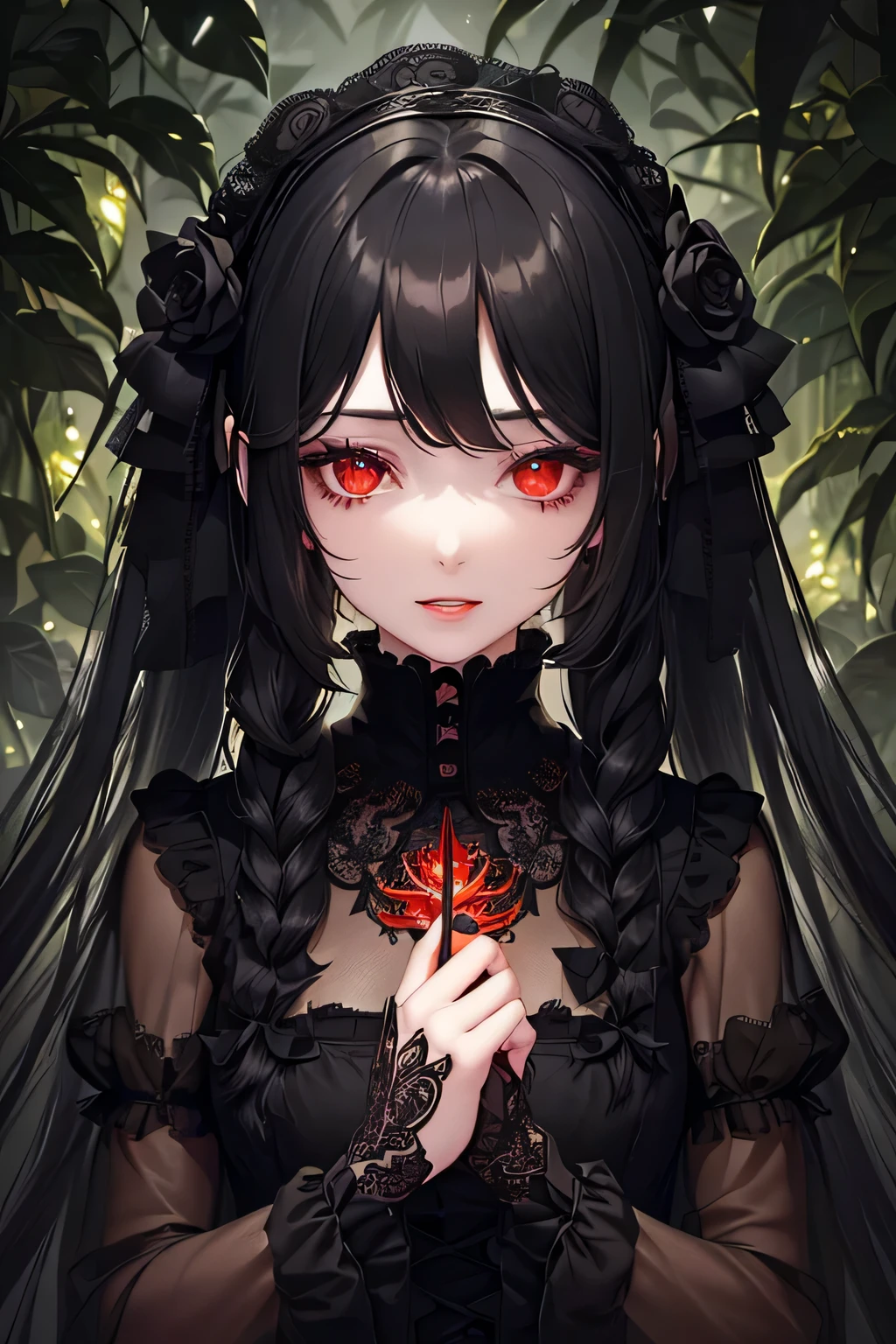 1 girl,Depp's Sense,confused,catch light,Super beautiful illustration,(plant magic,Plant manipulation),((black color,long hairstyles:1.3)),dark dark eyeshadow,(((delicate and detailed red eyes))),bright red lipstick,Gothic Lolita,;d,beautiful and delicate hair,green light effect,green aura