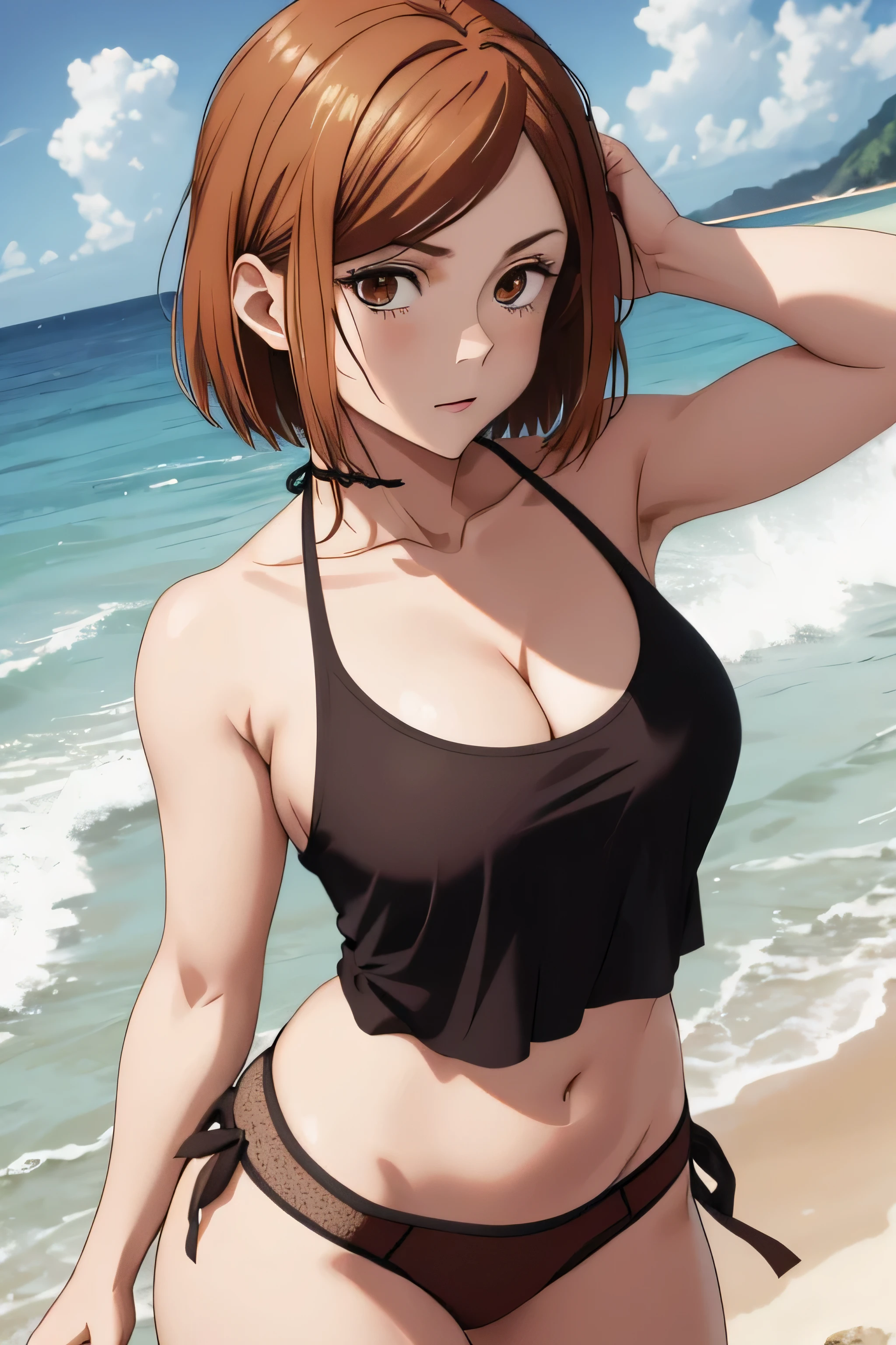 absurdos, high resolution, ultra-afiado, 8k, obra de arte, olhos expressivos, extremamente detalhado, 1 garota, Nobara Kugisaki, cabelo castanho, olhos castanhos, seios grandes, praia, standing, bikini regatta,