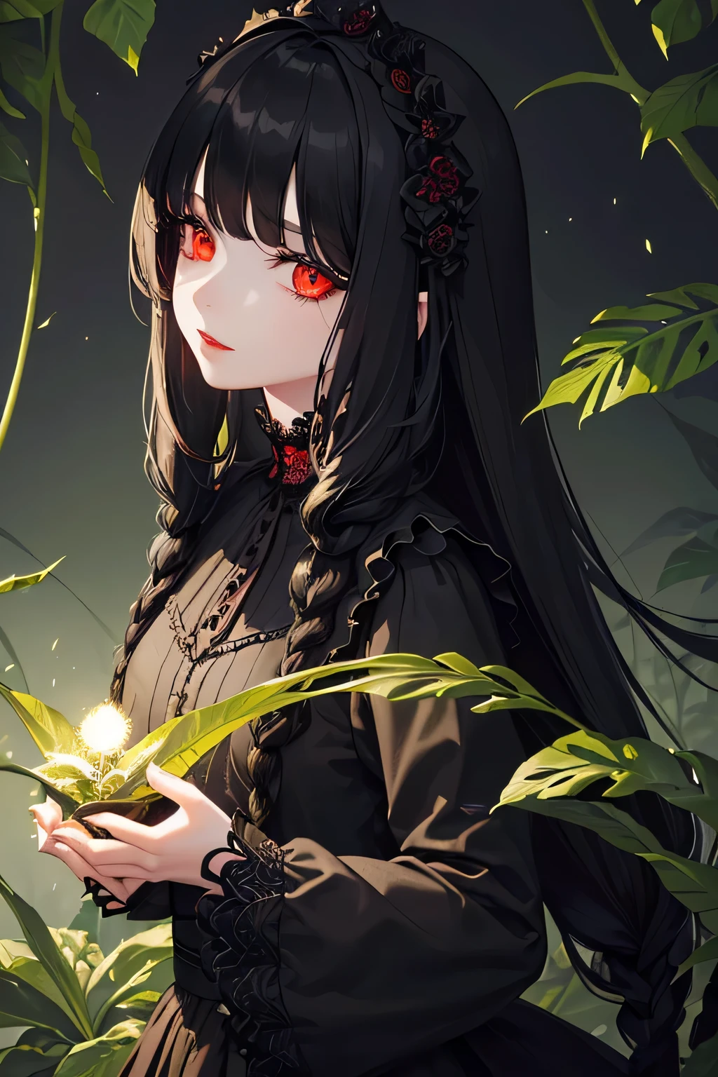 1 girl,Depp's Sense,confused,catch light,Super beautiful illustration,((plant magic,Plant manipulation)),((black color,long hairstyles:1.3)),dark dark eyeshadow,(((delicate and detailed red eyes))),bright red lipstick,Gothic Lolita,;d,beautiful and delicate hair,green light effect,green aura