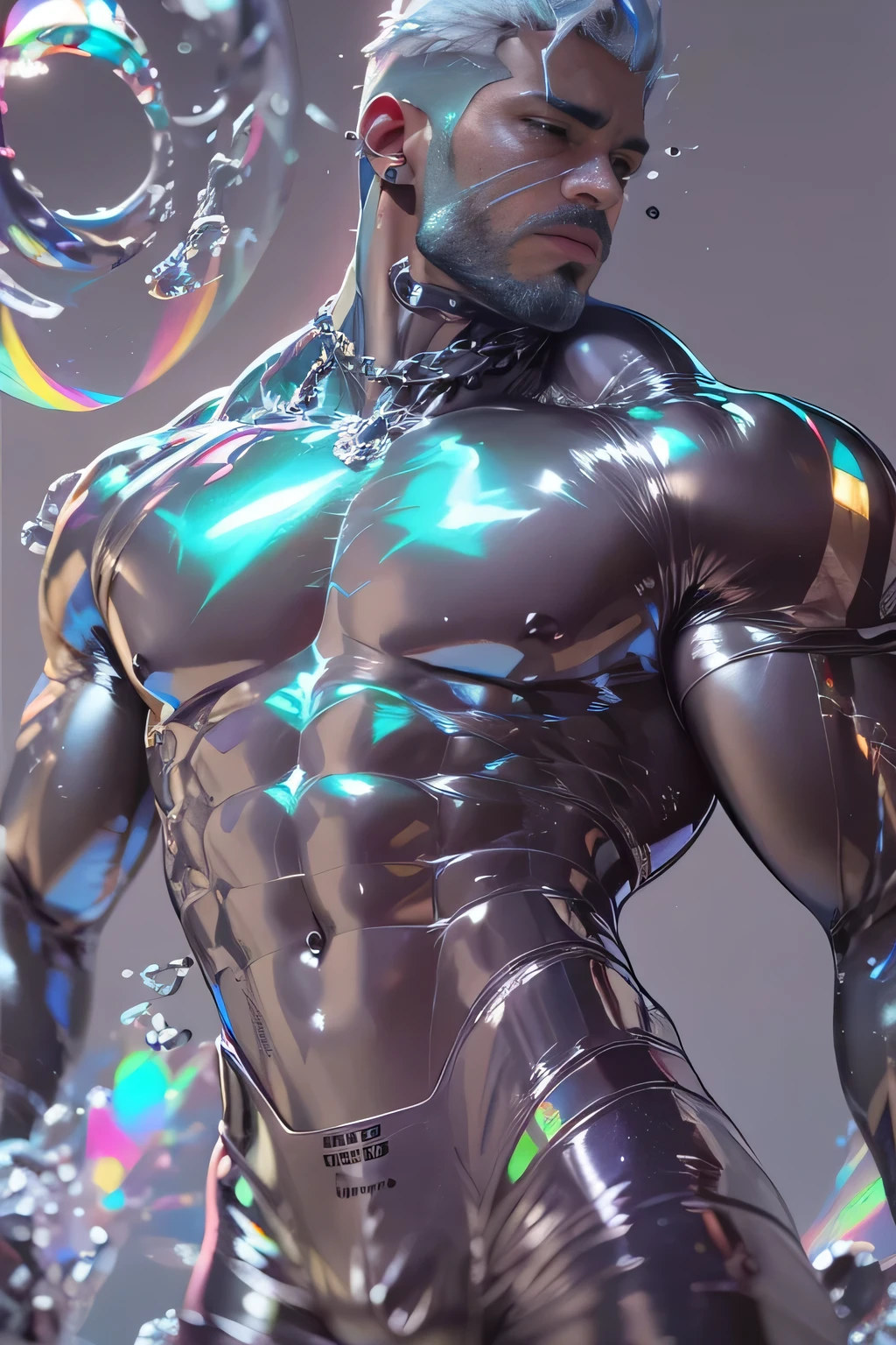 (mid_shot:1.3),(1 male:1.2),(muscle man:1.1),(frontal illumination:1.2),with a silver body and glitters with lights above,extreme iridescent reflection,in the style of vray tracing,vibrantmanga,shiny/ glossy,rococo pastel,fluid form,tinycore,fluid impressions,vray,machine aesthetics,yanjun cheng,silver,shiny eyes,fluidform.,the young warrior,male characteristics, detailed bulge, beard