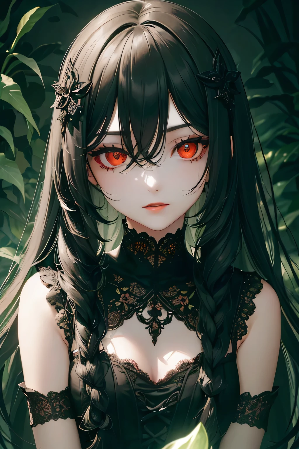 1 girl,Depp's Sense,confused,catch light,Super beautiful illustration,((plant magic,Plant manipulation)),((black color,long hairstyles:1.3)),dark dark eyeshadow,(((delicate and detailed red eyes))),bright red lipstick,Gothic Lolita,;d,beautiful and delicate hair,green light effect,green aura