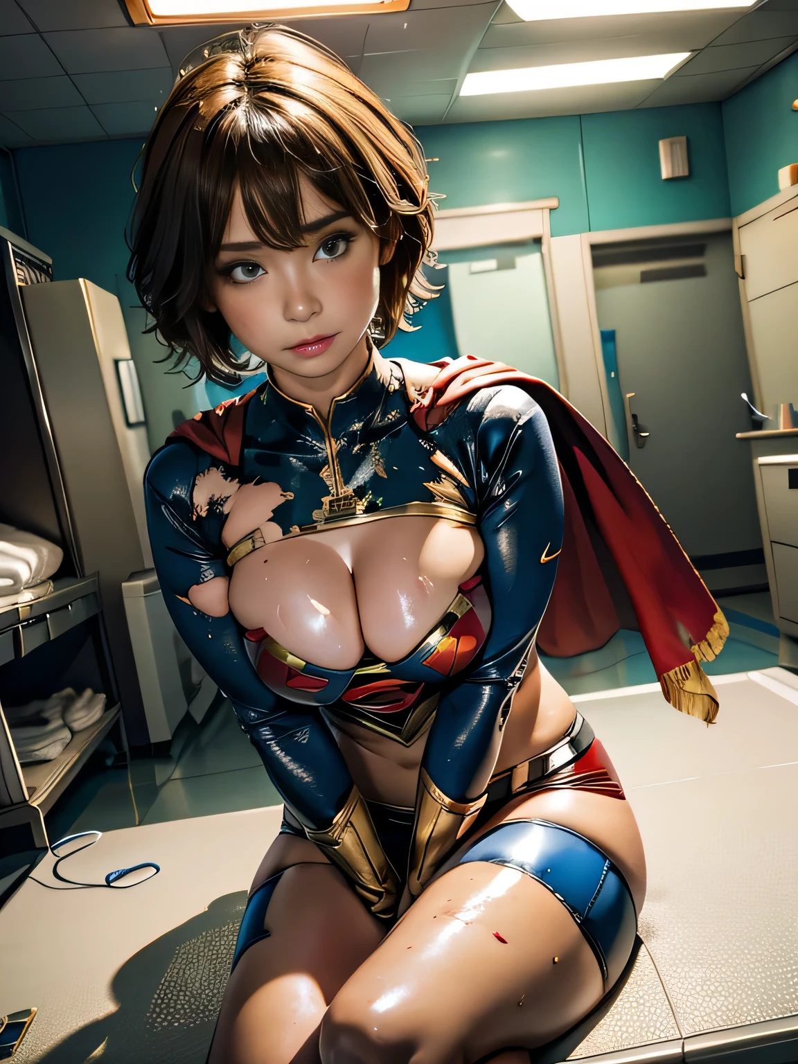 masterpiece、Costume of short-haired injured Supergirl undergoing surgery on the operating table in the operating room、tattered clothes、big and full breasts、look at the camera、shiny costume、long sleeve、Bukkake、scattered sludge、Covered with lotion、exhausted、red mini skirt、barefoot