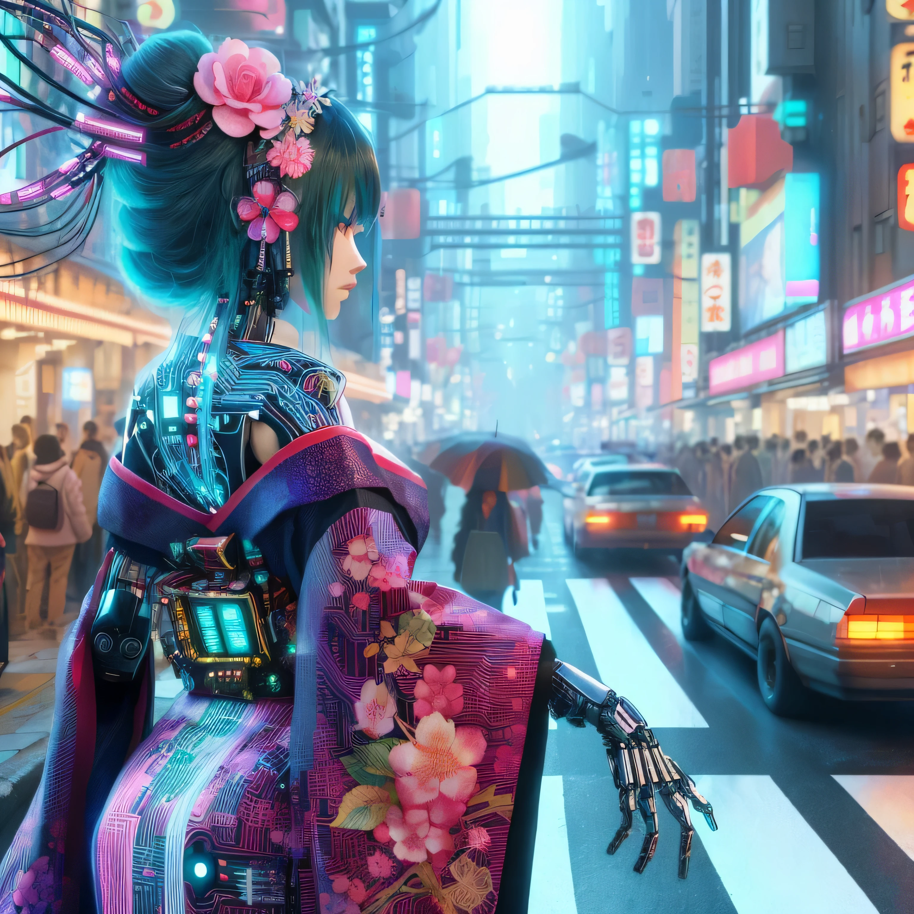 chica anime vestida de kimono caminando por una calle muy transitada, geisha ciberpunk, Robot Geisha Ghost in the Shell, digital arte del anime ciberpunk, ciberpunk digital - arte anime, Very beautiful cyberpunk samurai, arte del anime ciberpunk, anime ciberpunk art, anime ciberpunk moderno, anime ciberpunk, Pop Japonisme 3D Ultra Detallado, hermosa obra de arte digital, chica anime ciberpunk, en la ciudad ciberpunk