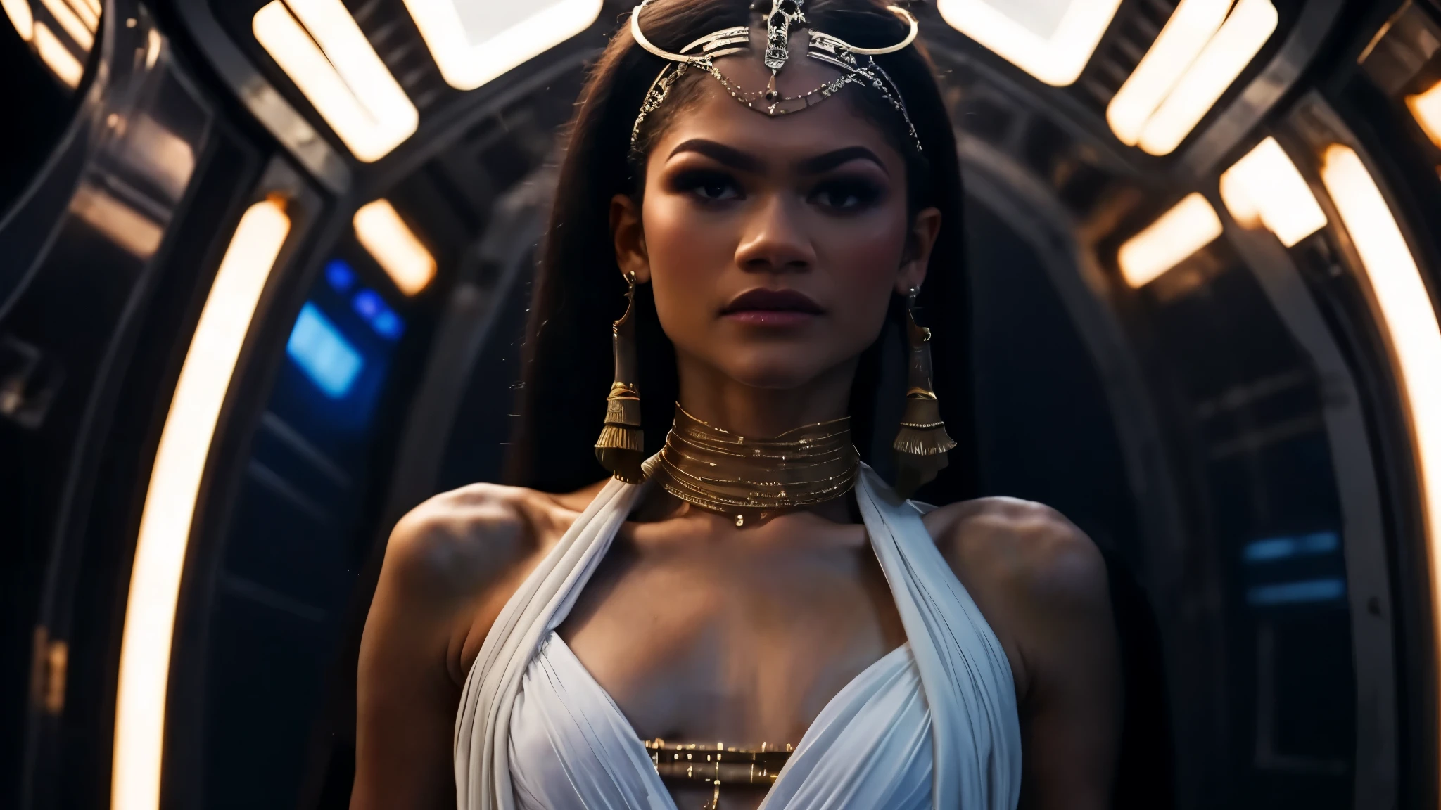 zendaya portrayed as Cleopatra,wearing a light white dress, inside a spaceship with blue lights inside, night time, phothotorealistic scene, dramatic, cinematic, 4k resolution, hyperdetailed, dramatic scene, back view, down angle