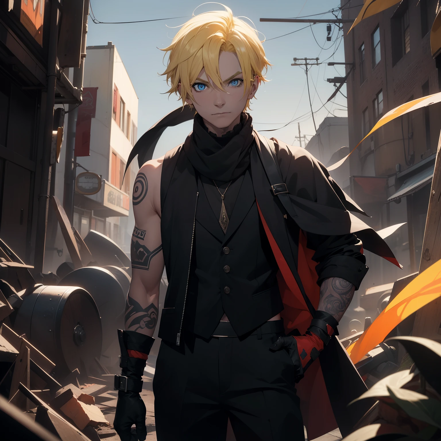 (26 years old), (male), Yellow hair, (Blue eyes), (wavy Short hair), (Tattoed Face), Black scarf, red vest, sleeveless, black pants, black gloves, slim, up to legs