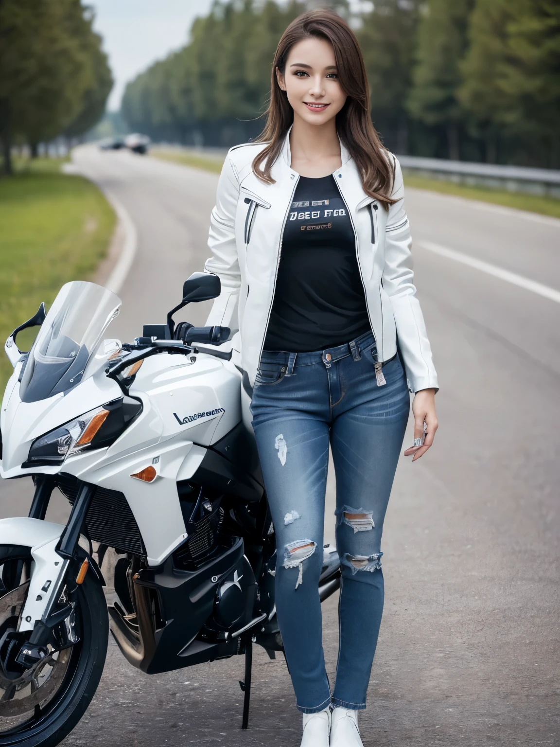 ((highest quality, 8K, masterpiece: 1.3)), sharp: 1.2, perfect body beauty: 1.4,(((Woman on motorcycle))),slender body,((white long sleeve motorcycle jacket and jeans)),Highly detailed face and skin texture,((full body shot)),Natural light,smile