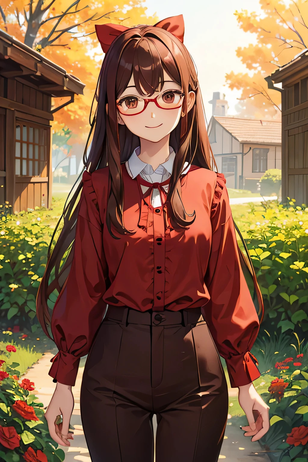 gafas de montura roja, tono de piel canela(absurdos), obra maestra, Mejor calidad, 1 chica, long brown hair, Brown eyes, camisa abotonada, Cinta para el pelo, collar, mangas con volantes, Pantalones khaki, prado, [casas], luz de sol, Sonrisa, anatomically correct,