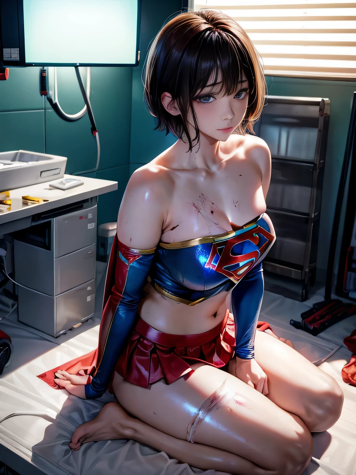 masterpiece、Costume of short-haired injured Supergirl undergoing surgery on the operating table in the operating room、tattered clothes、big and full breasts、look at the camera、shiny costume、long sleeve、Bukkake、scattered sludge、Covered with lotion、exhausted、red mini skirt、barefoot