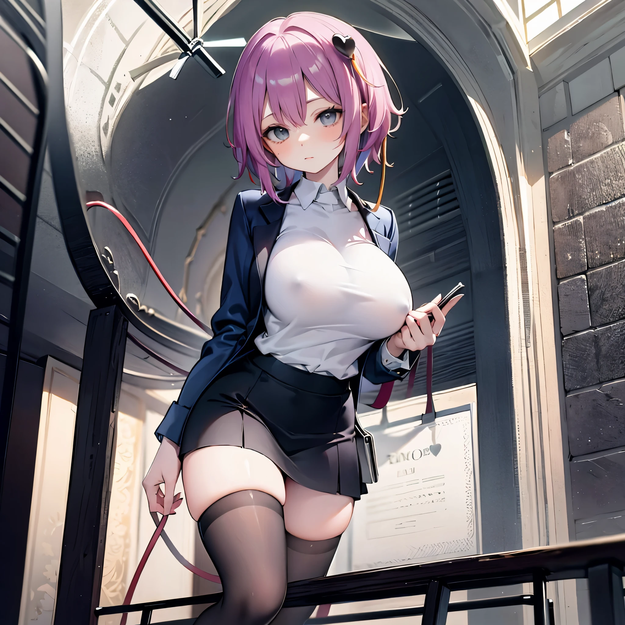 Satori toho character, (solo), (standing), (stained glass), BREAK, short hair, (huge perky breasts), bursting breasts, (inconceivably thin waist:1.2), very long legs, BREAK, (black blazer:1.3), (black thighhighs:1.3), (very short black high-waist skirt:1.3), highheels, military, BREAK, nose blush, BREAK, masterpiece, ultra-detailed