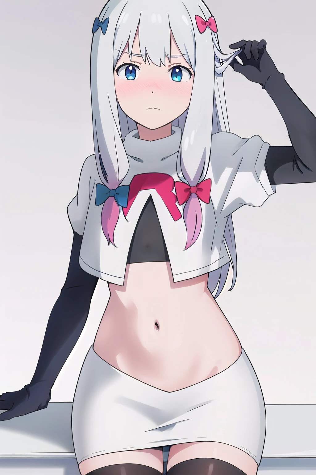 detailed,masterpiece,ultra-detailed,solo,(white background:1.3),izumi_sagiri,bow, pink_bow, long_hair,silver hair,hair_bow, nose blush, team rocket,team rocket uniform,white skirt,red letter R,crop top,black thigh-highs,black elbow gloves