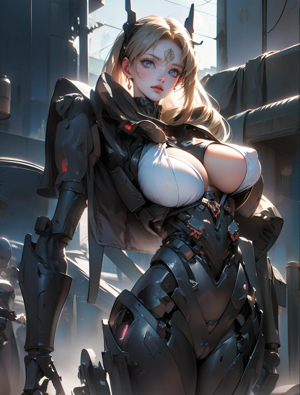 Giant mechanical breast module,Mechanical Breasts Battle Angel,Cyberpunk underground girl mechanical titan night experimental base,central control hall,The majestic giant towering girl mecha,Ultra-clear body photography close-up,Marbled silicone patch covers breasts,light hair,Masterpiece Samus,shocked expression,Unreal Engine Neon Atmosphere,slender posture,Kazlan’s pretty face,Sexy magazine cover takes place in a dark underground palace,There is a romantic atmosphere and special effects halo behind the future mechanical angel,super clear breasts,Large mechanical breast module,Kazlan’s charming eyes